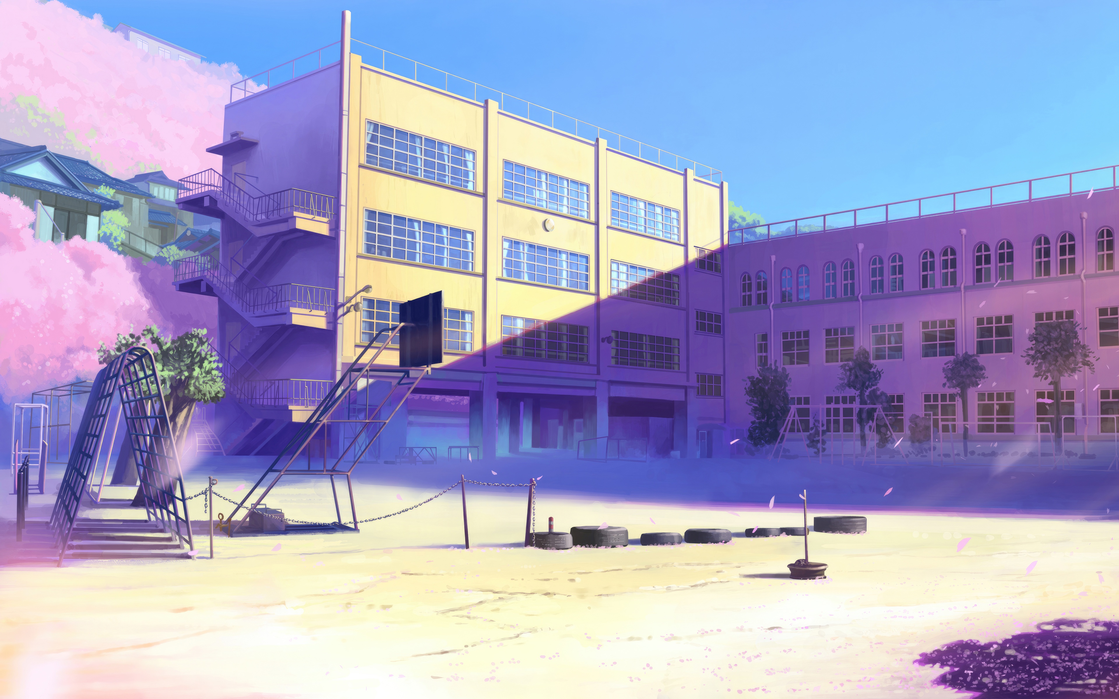 Anime schoolyard with cherry blossoms and playground HD Wallpaper
