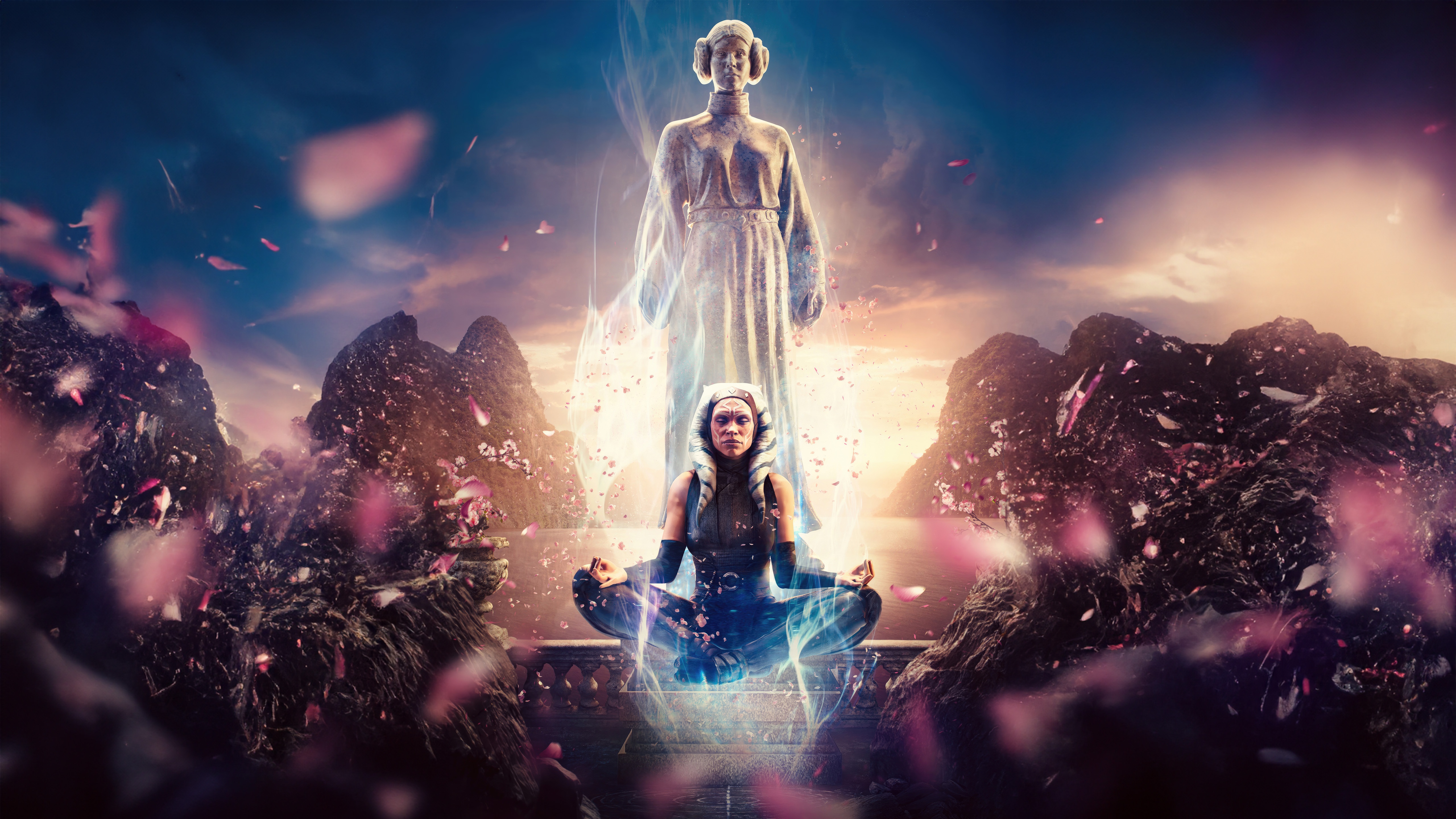 Ahsoka Tano Meditating with Statue of Leia HD Wallpaper