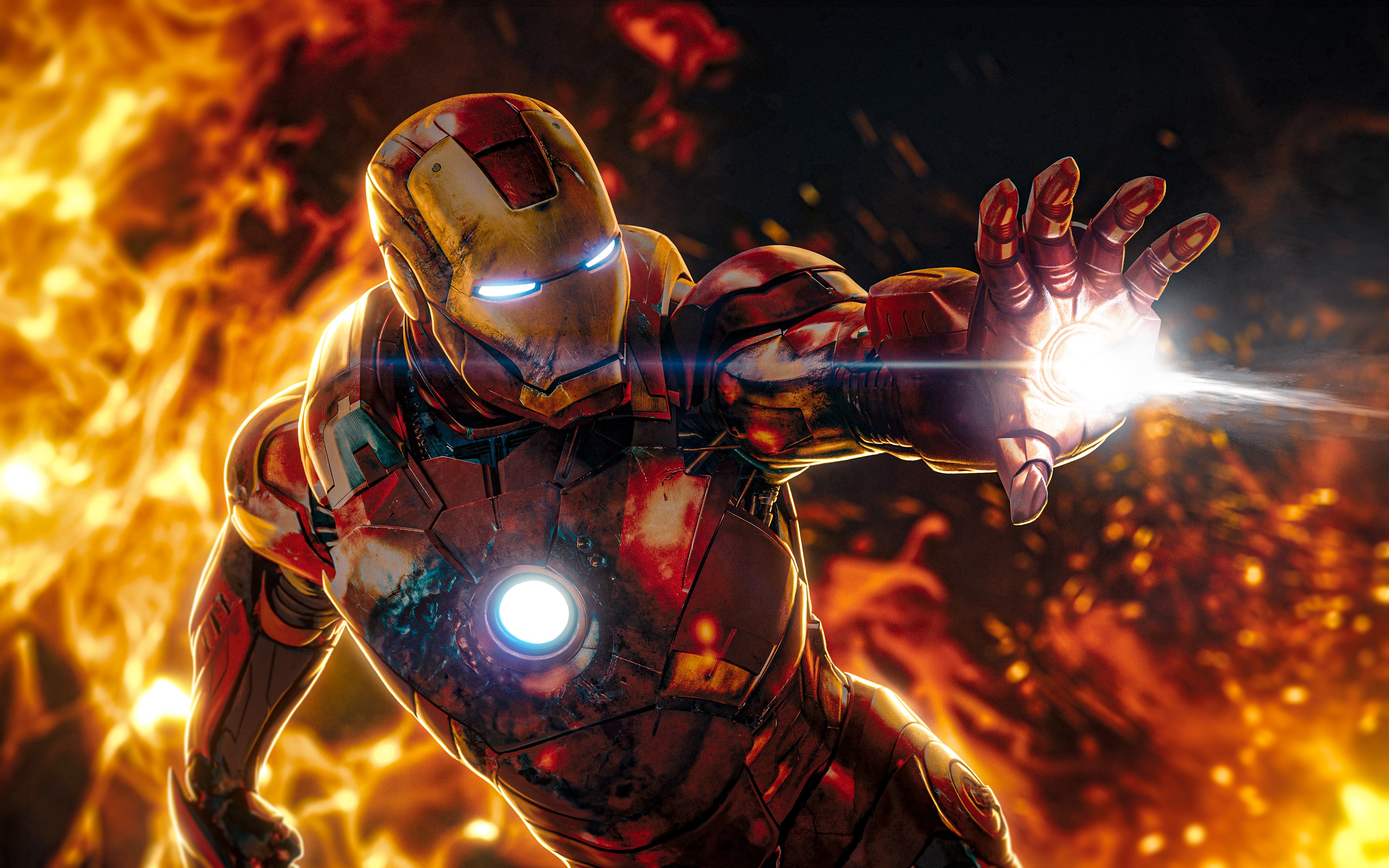 Iron Man firing repulsor ray in front of flames HD Wallpaper