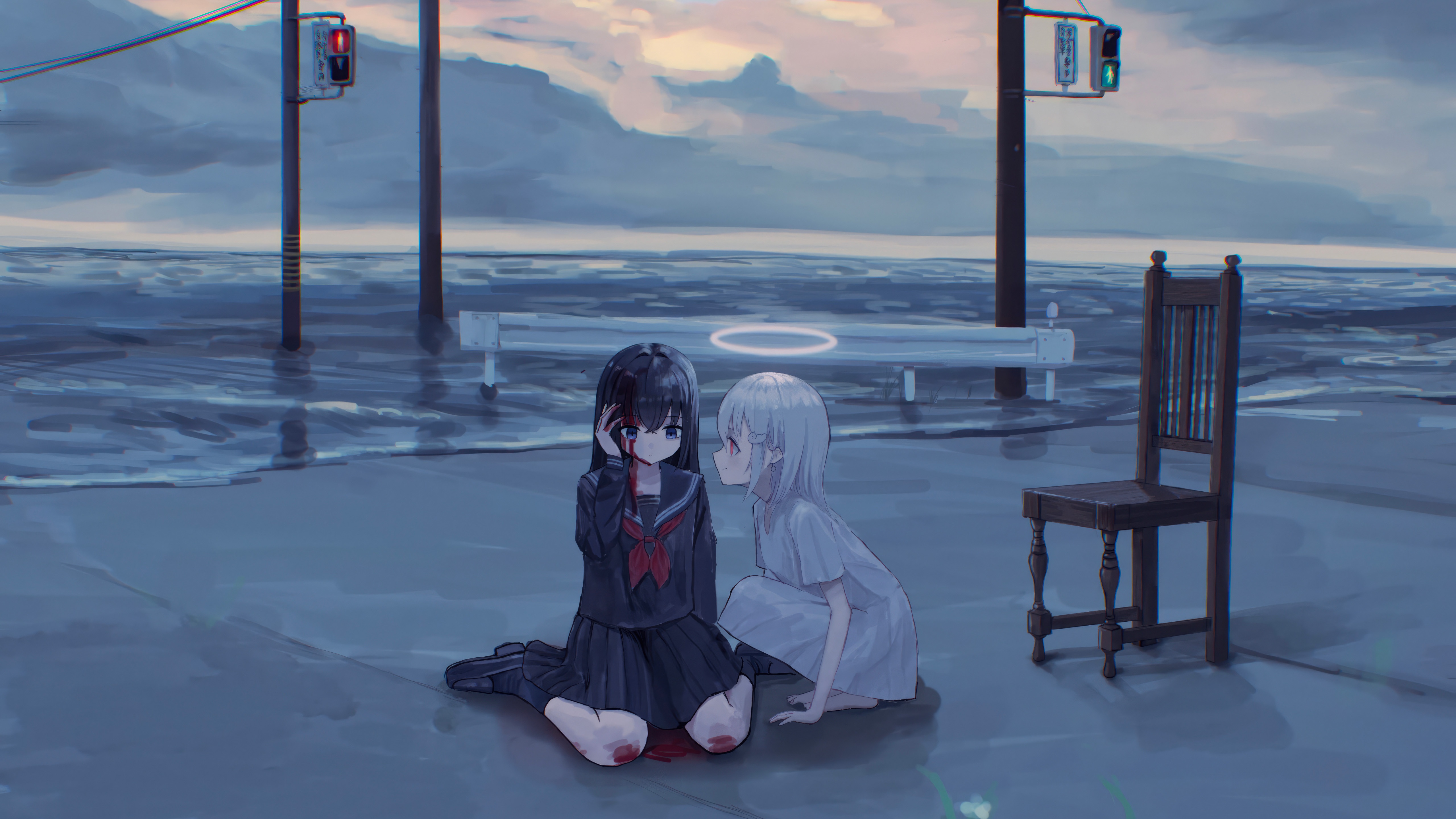 Anime girl with halo and injured girl in flooded city HD Wallpaper