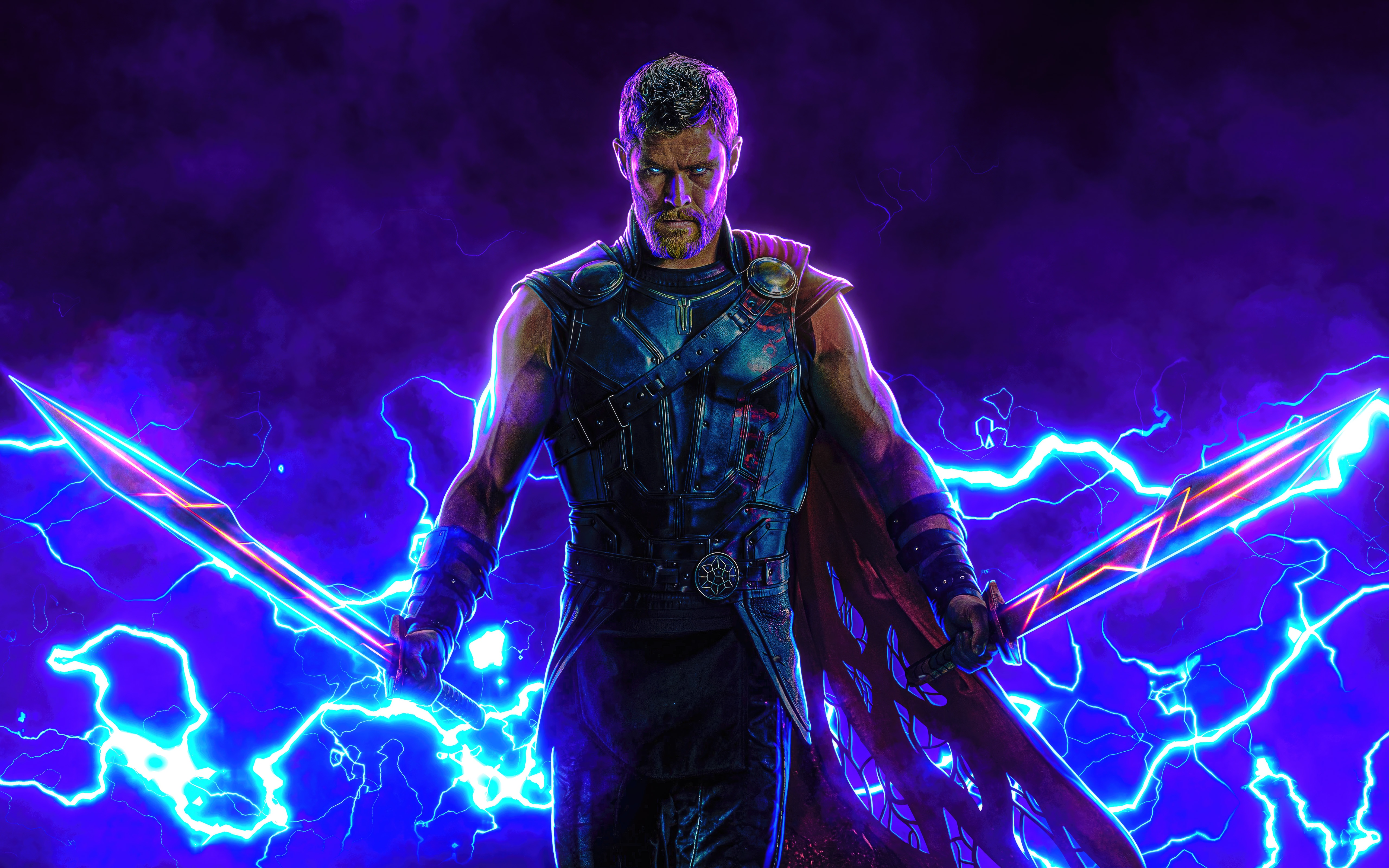 Thor with Lightning Swords and Purple Background HD Wallpaper