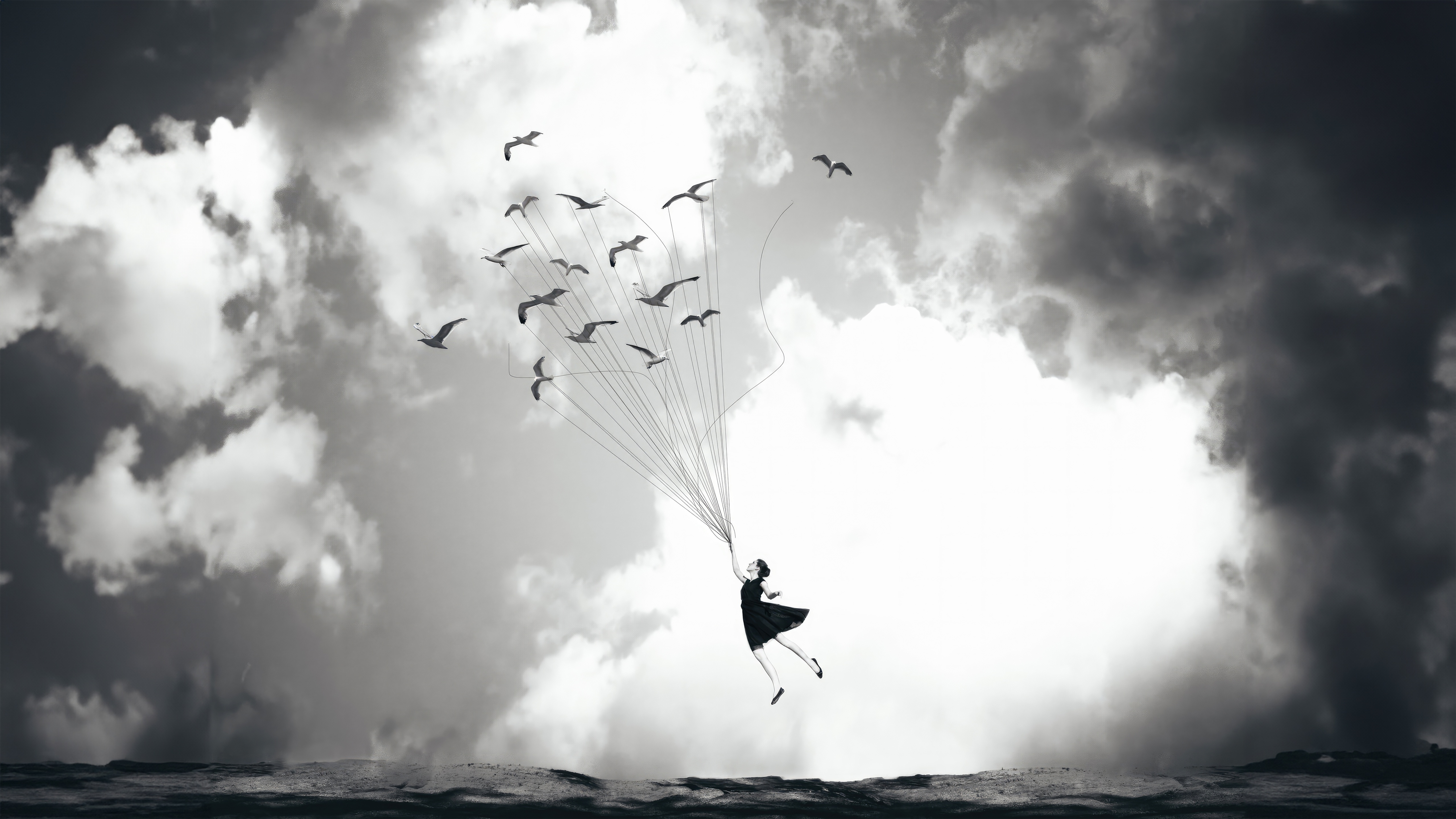 Girl lifted by birds in a cloudy sky HD Wallpaper