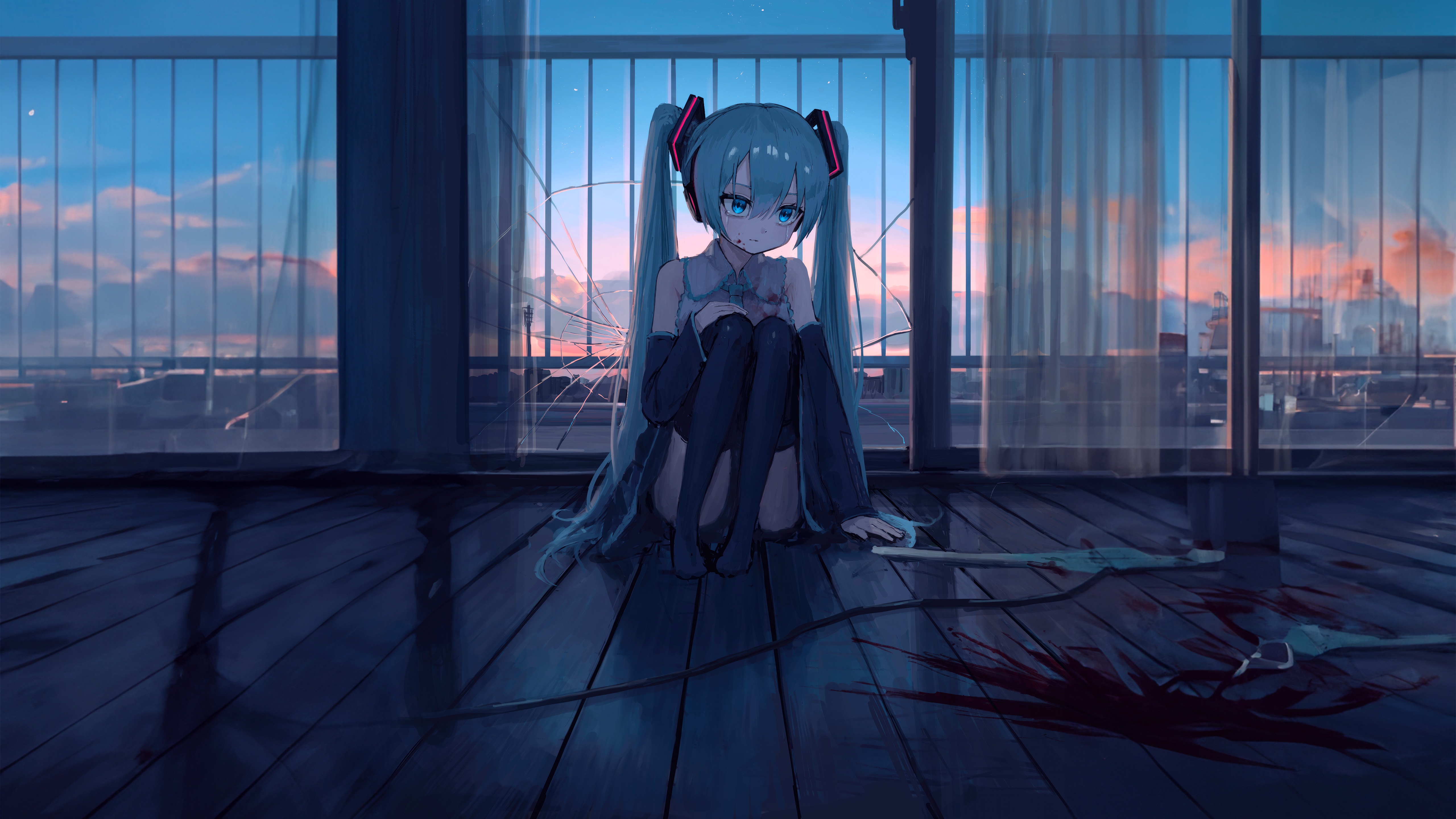 Sad Hatsune Miku Sitting by Broken Window HD Wallpaper