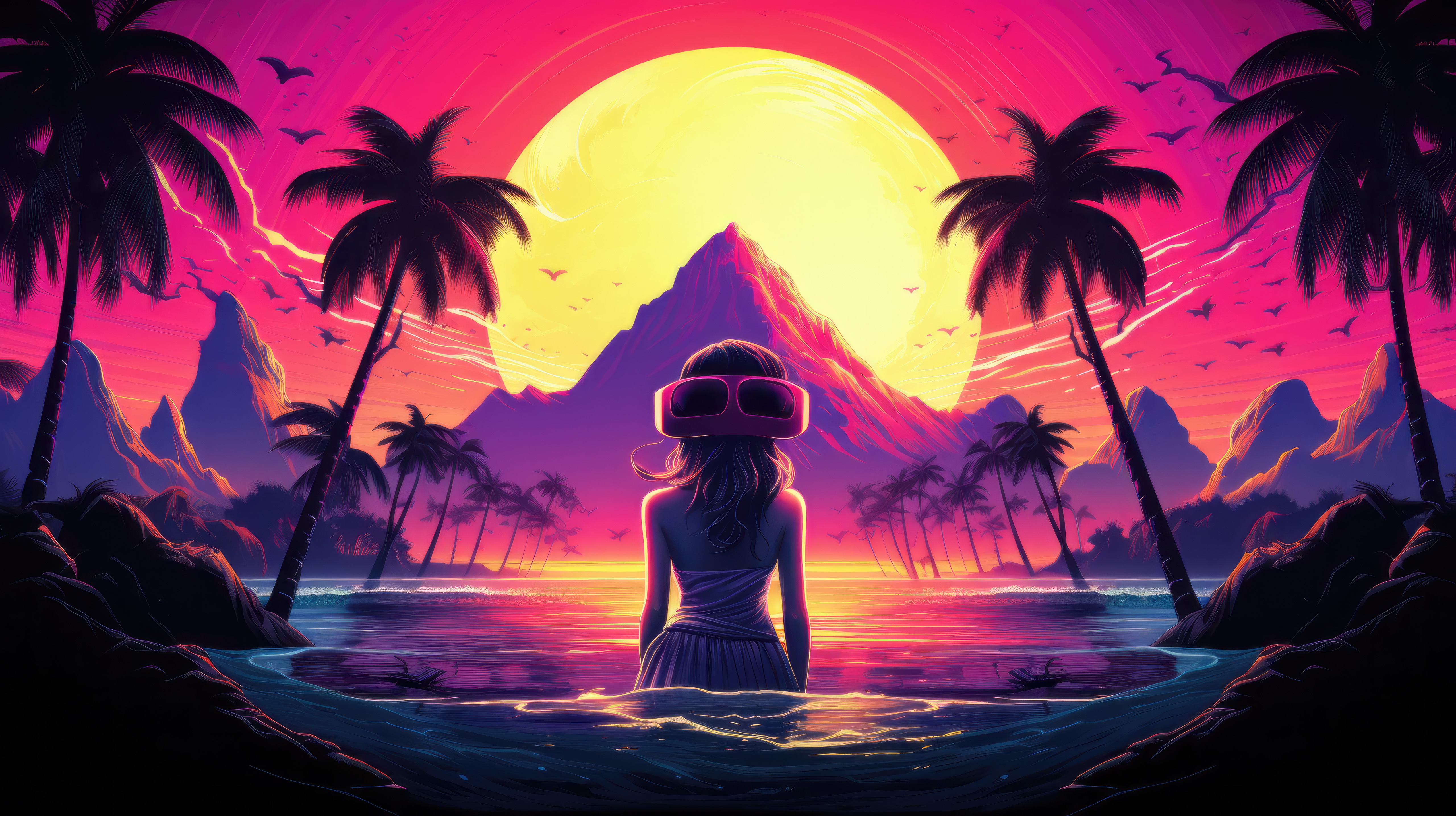 Retro Sunrise with a Girl in VR Goggles HD Wallpaper