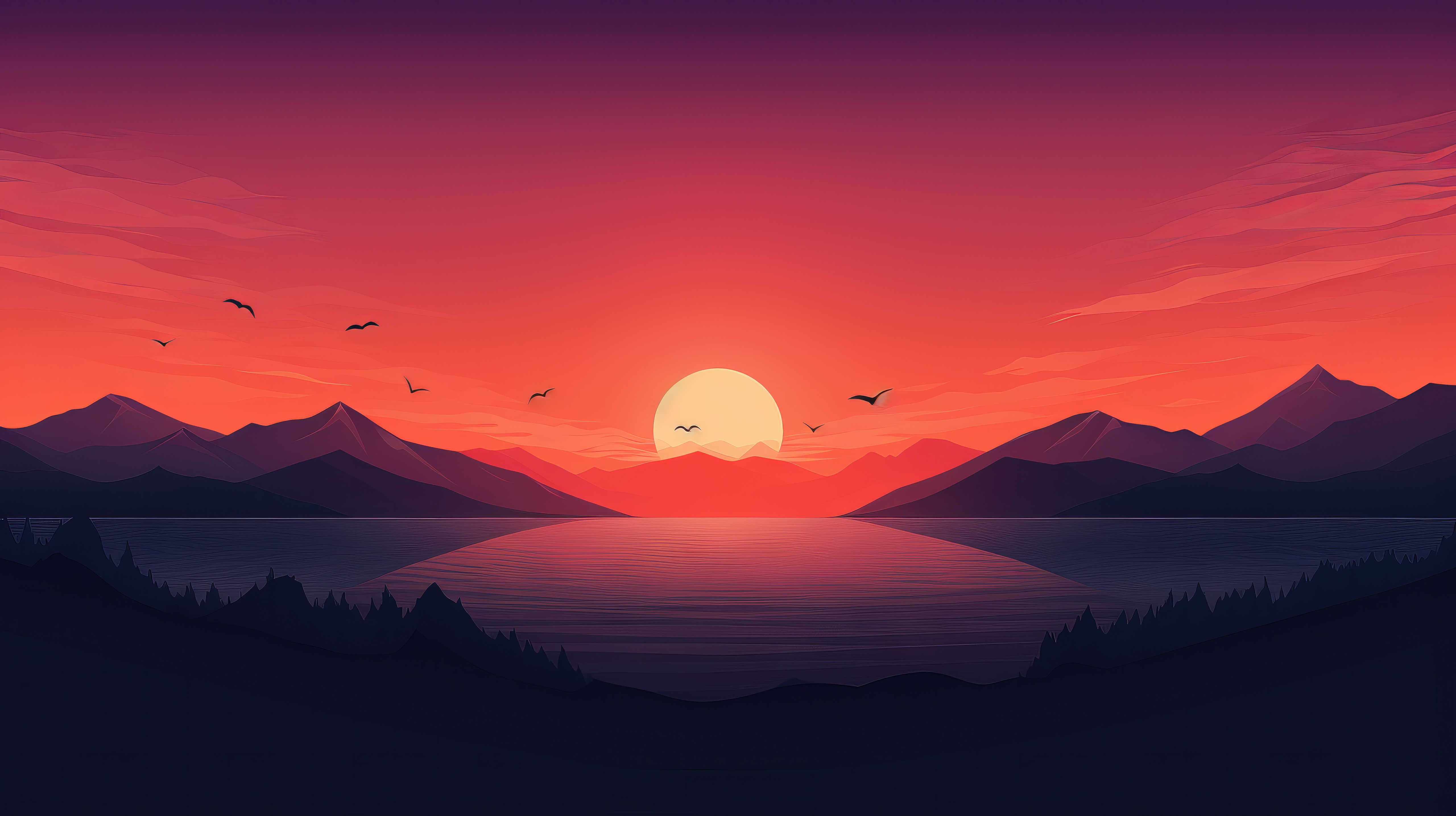 Minimalist Sunset Over Mountains and Lake HD Wallpaper