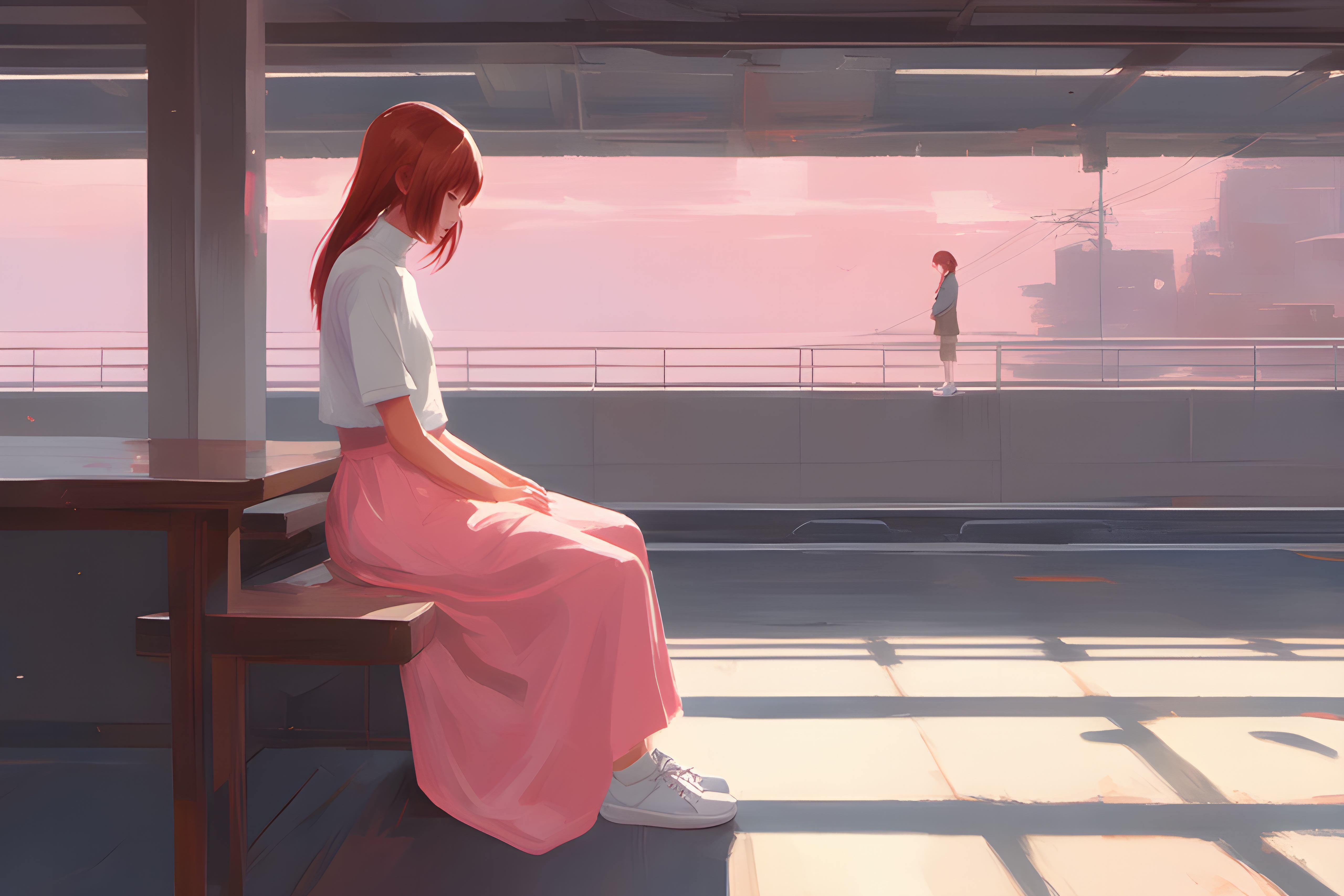 Girl sitting on a bench on a railway platform HD Wallpaper