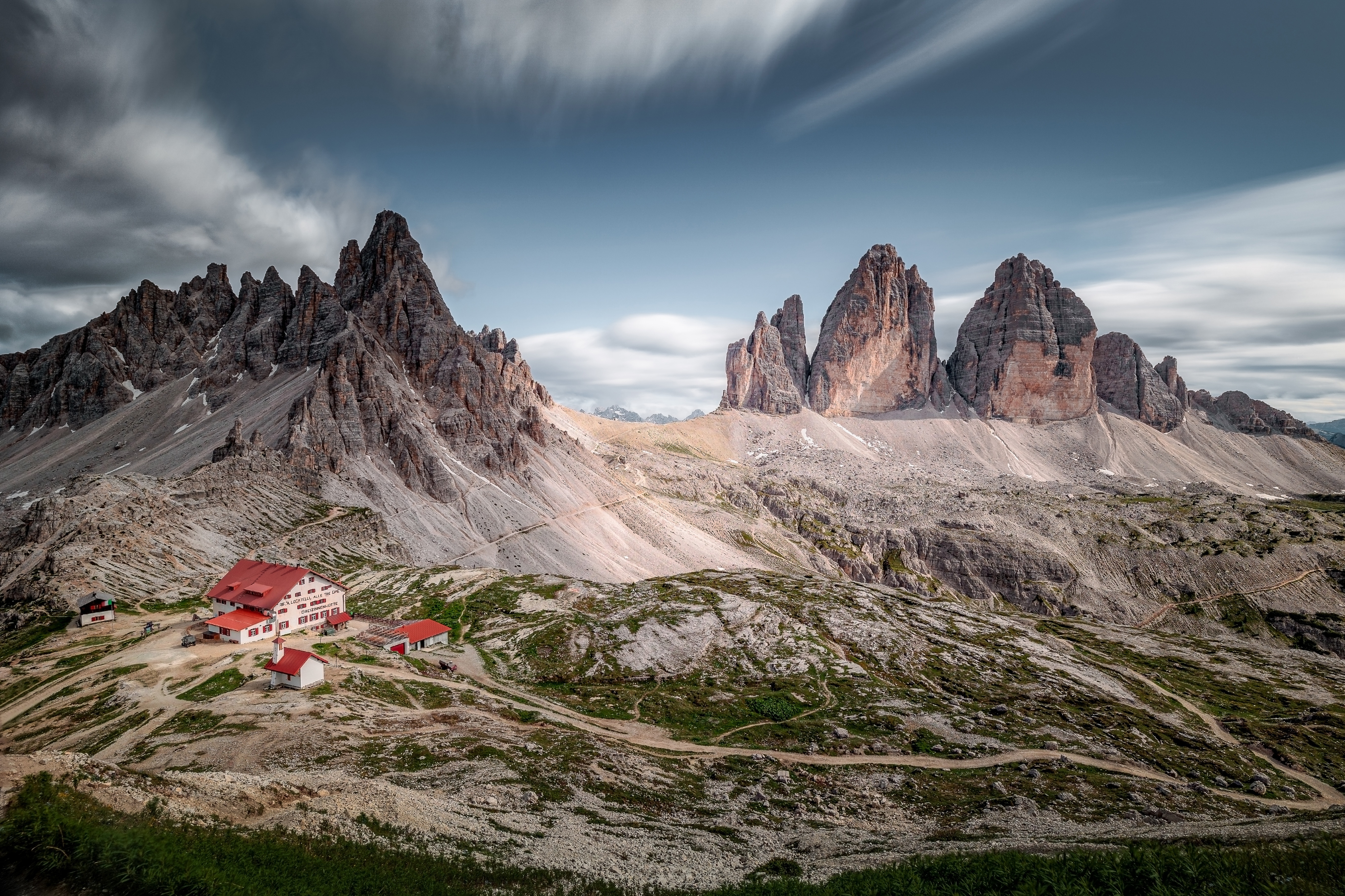 Tre Cime di Lavaredo Mountains with Rifugio Locatelli HD Wallpaper