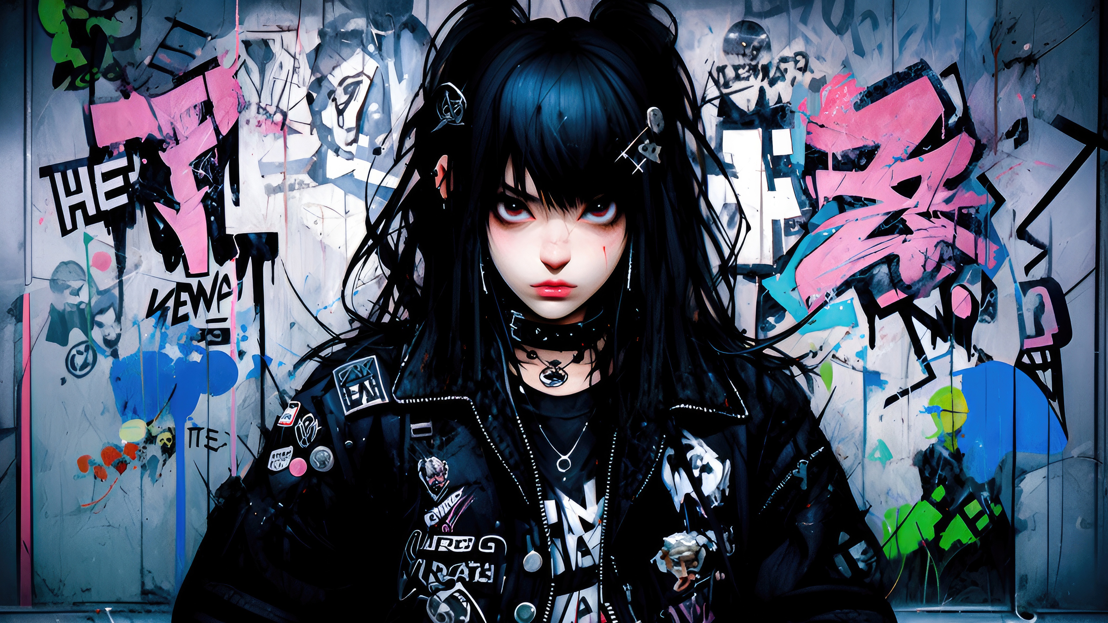 Anime Girl in Punk Jacket with Graffiti Background HD Wallpaper