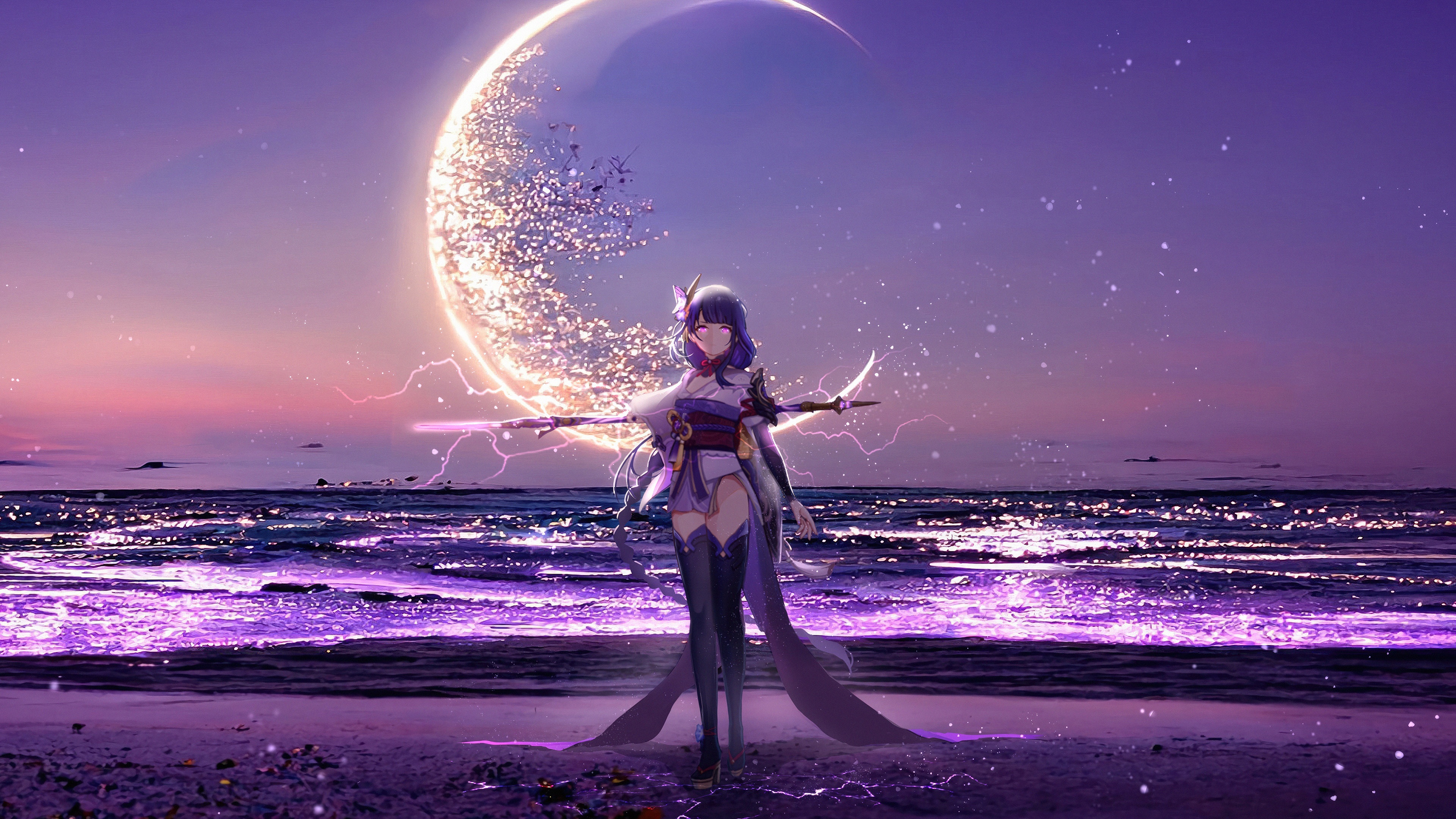 Raiden Shogun under a crescent moon with lightning HD Wallpaper