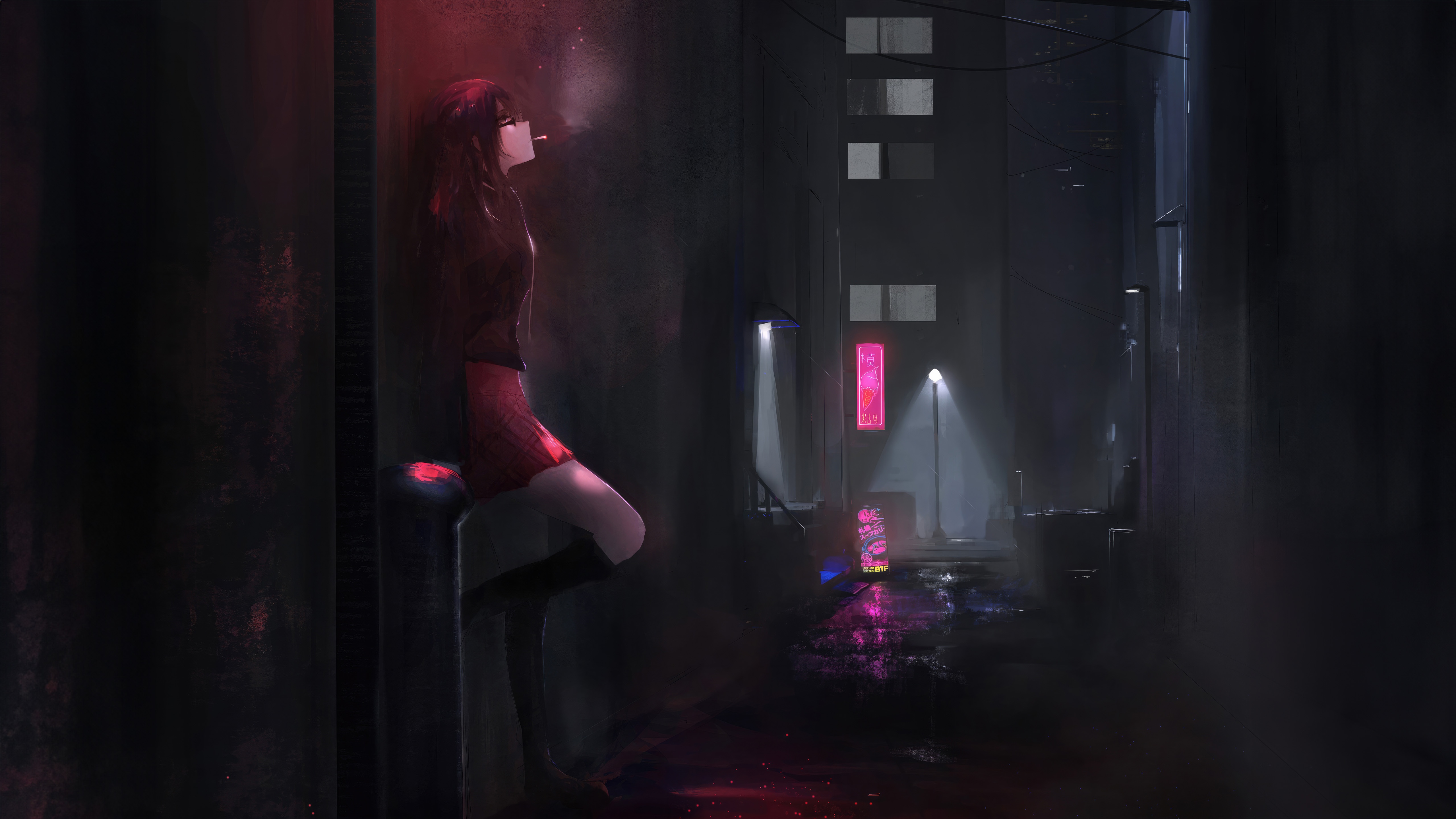 Anime girl smoking in a dark, neon-lit alley HD Wallpaper