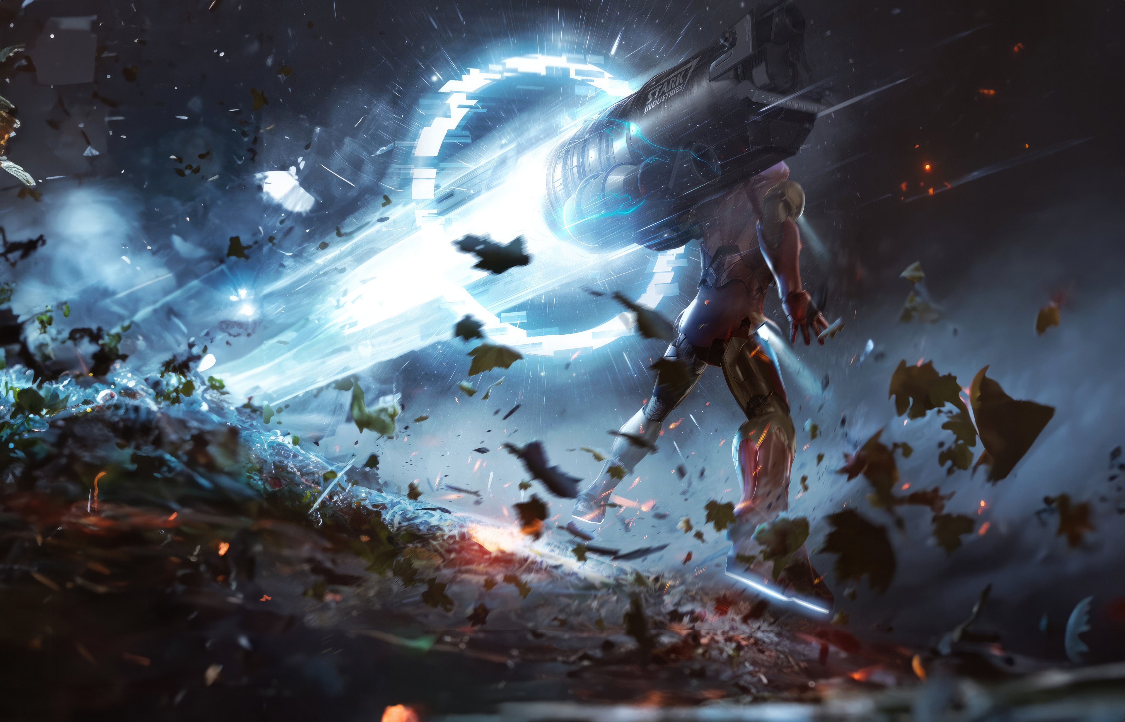 Iron Man fires a Proton Cannon through a portal HD Wallpaper