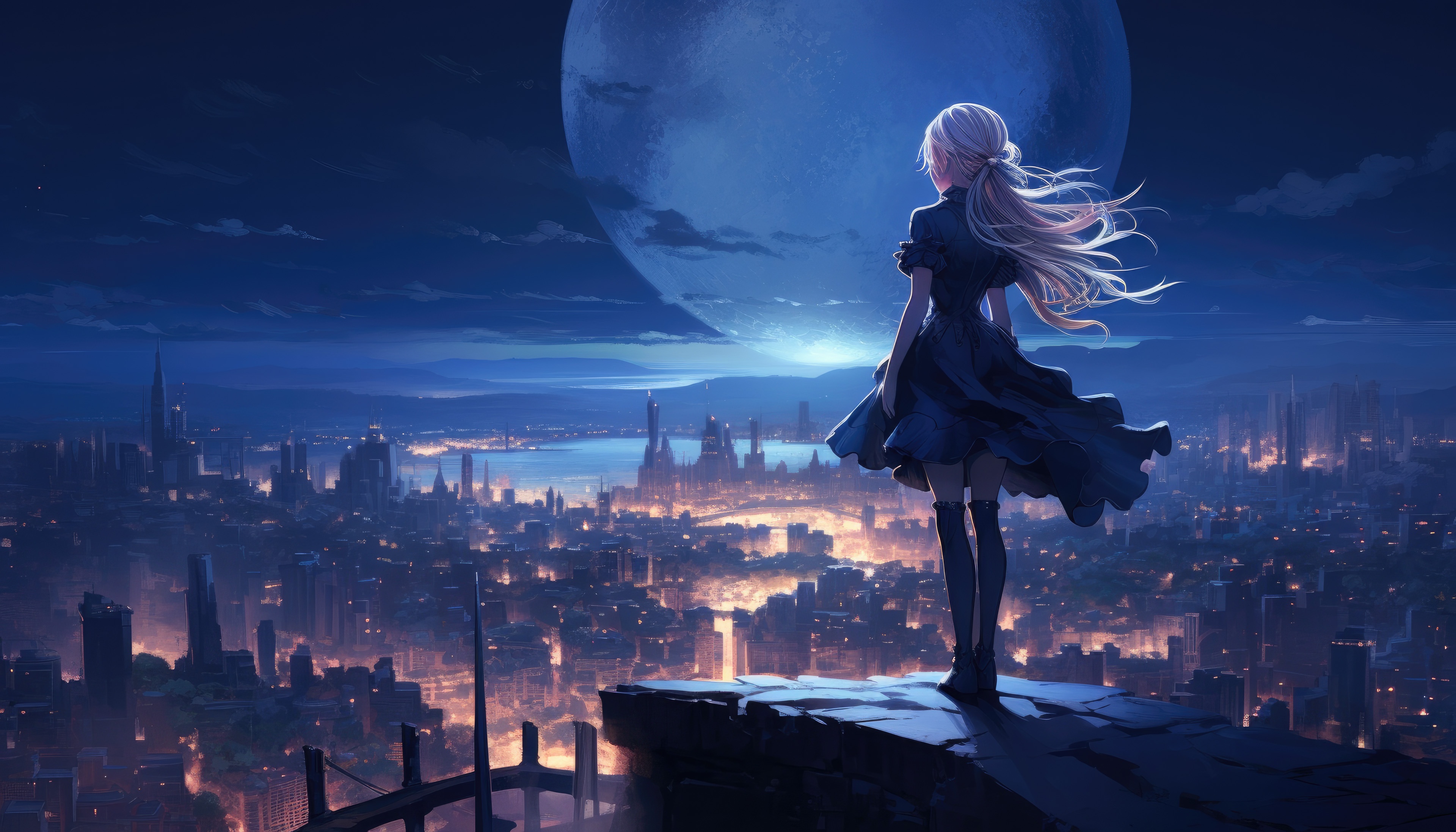 Girl overlooking a city at night under a large moon HD Wallpaper