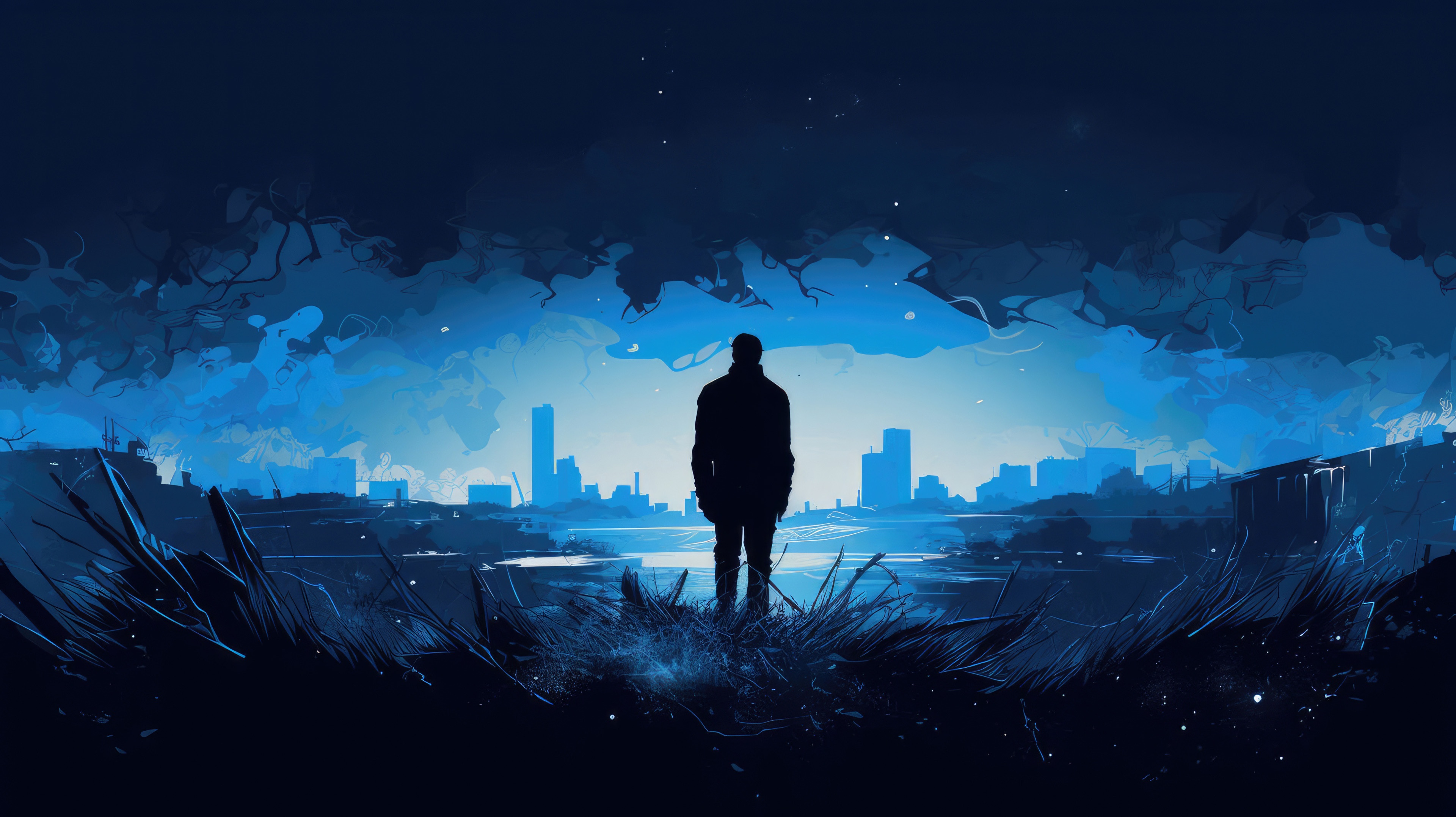 Man standing in front of a city skyline at night HD Wallpaper