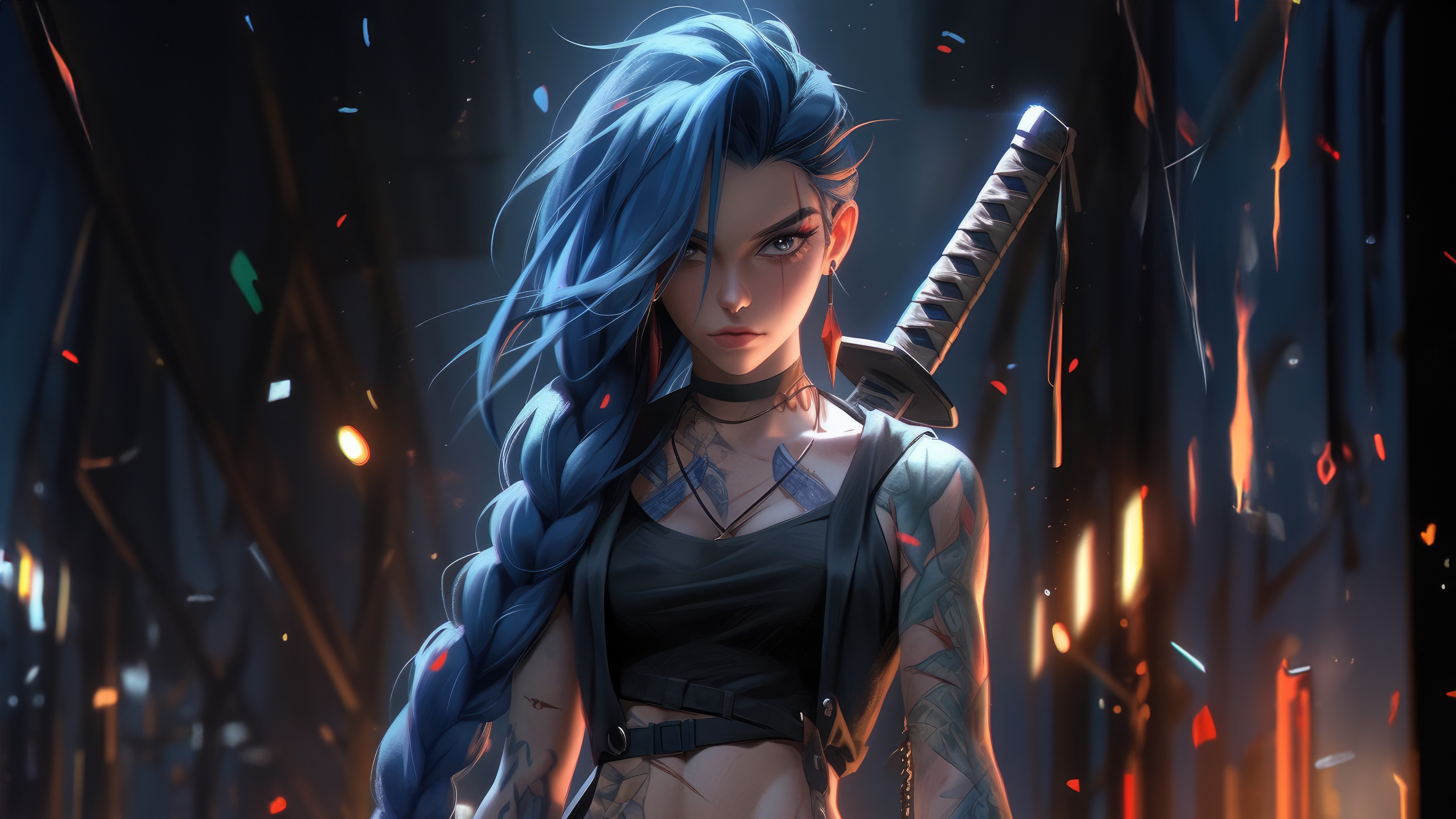 Jinx from Arcane with a Katana HD Wallpaper