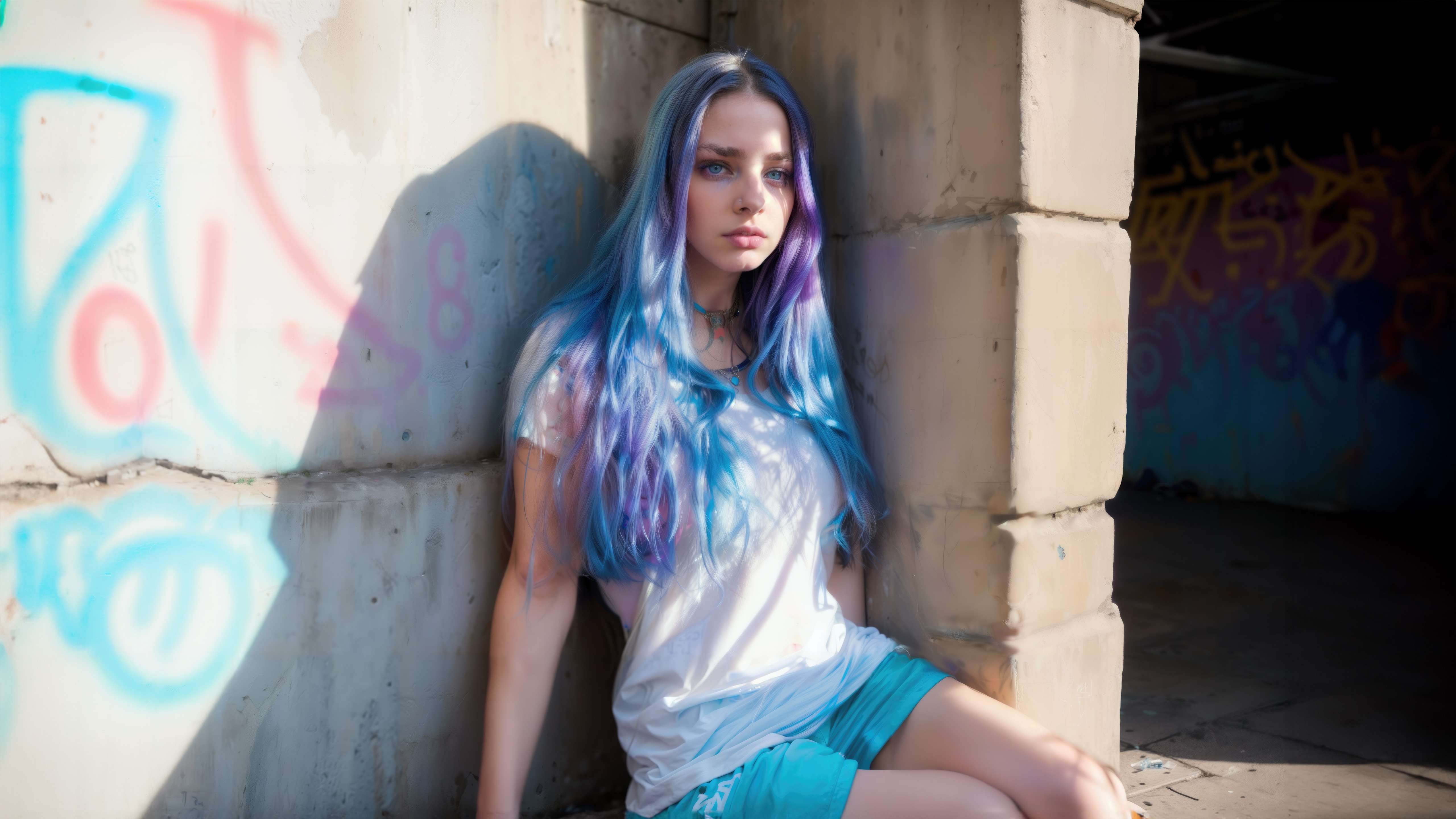 Young woman with blue and purple hair sitting by graffiti wall HD Wallpaper