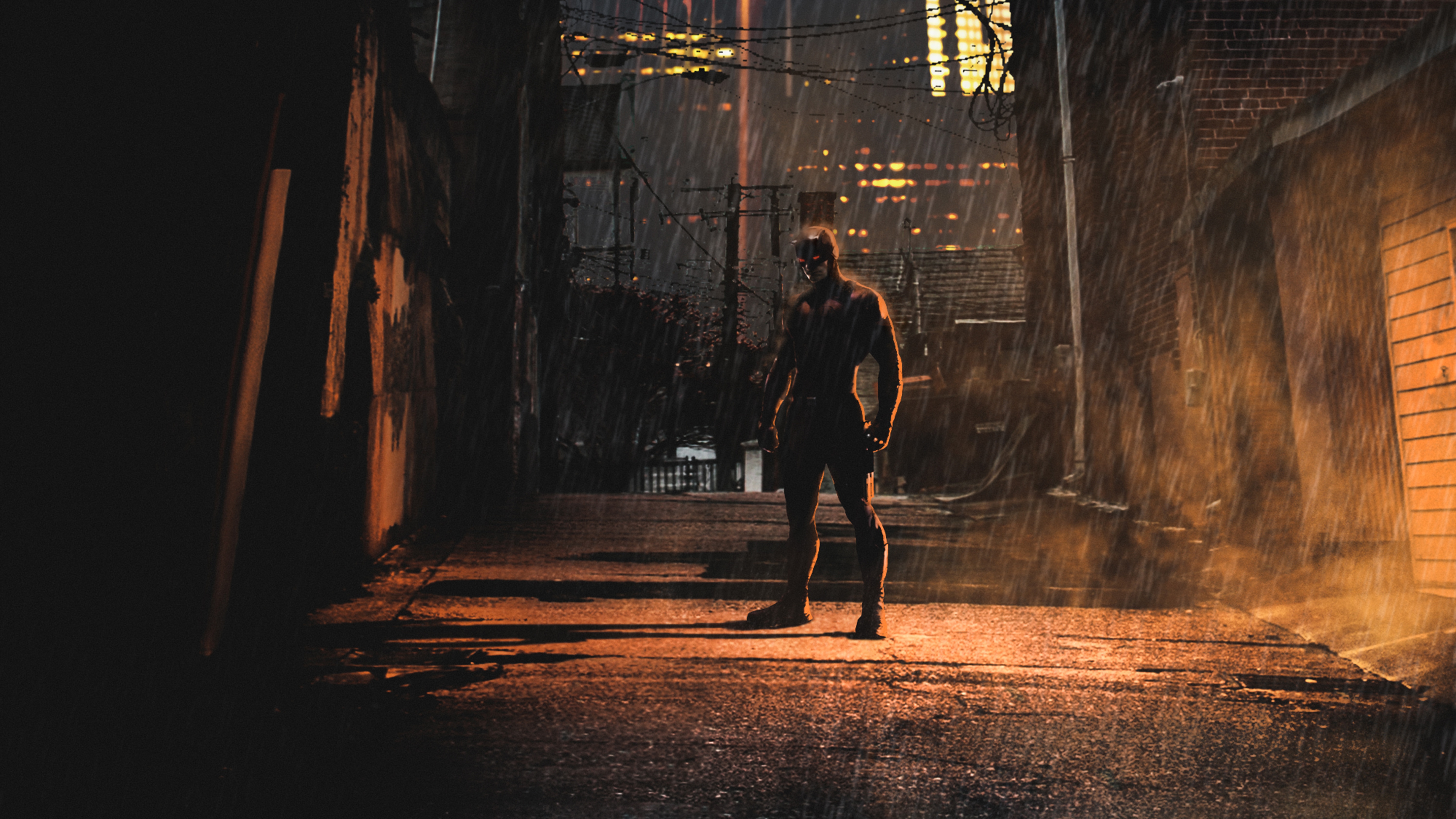 Daredevil in a dark, rainy cityscape alley HD Wallpaper