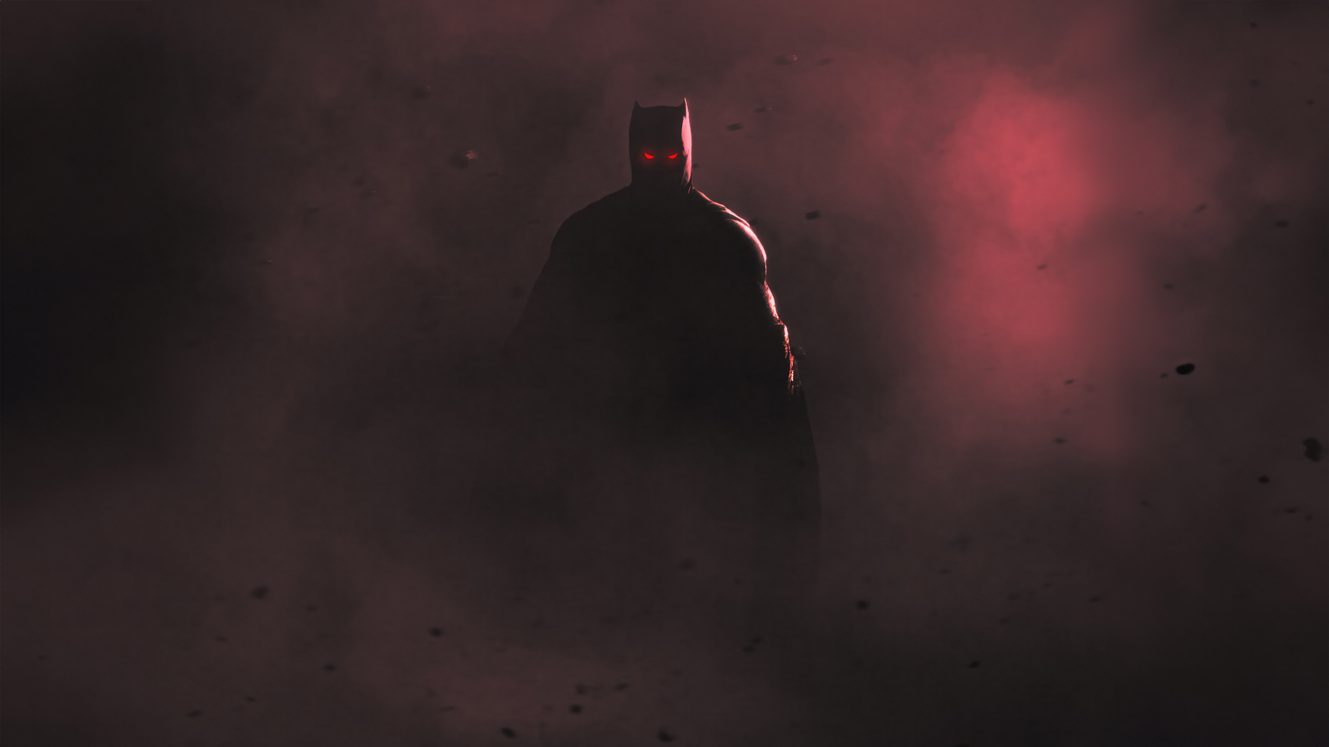 Batman with glowing red eyes in smoke HD Wallpaper
