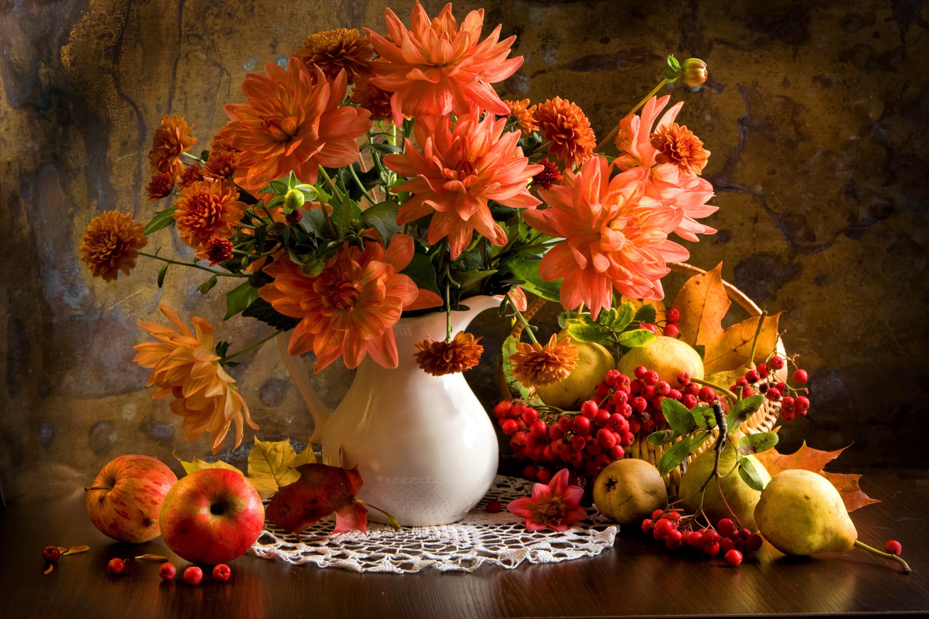 Still life with orange dahlias, apples, pears, and berries HD Wallpaper