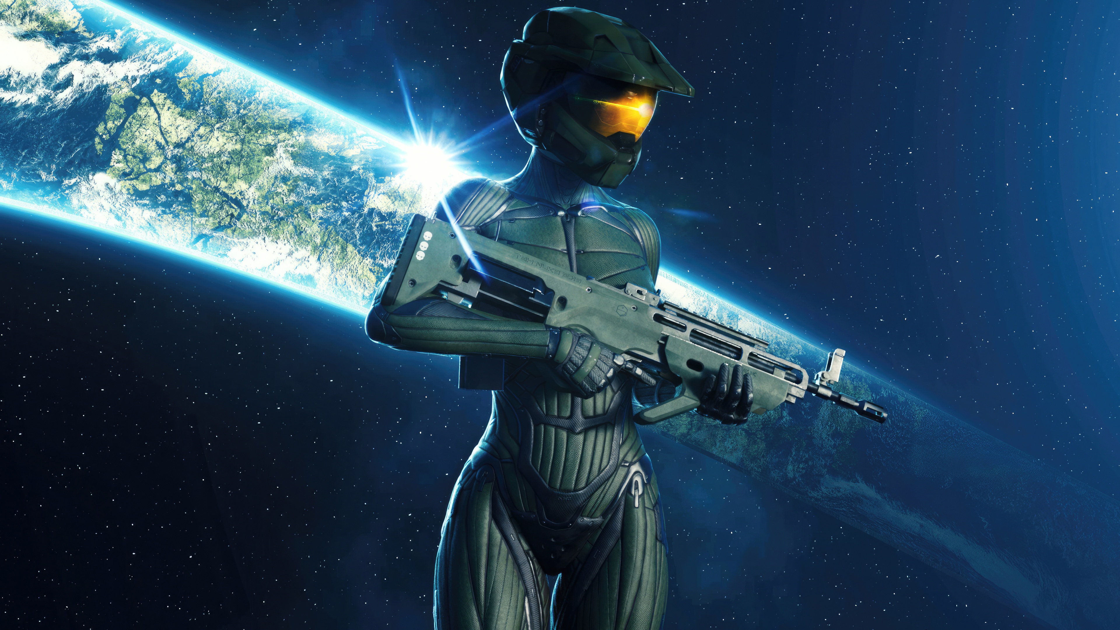 Halo Girl with Assault Rifle in Space HD Wallpaper