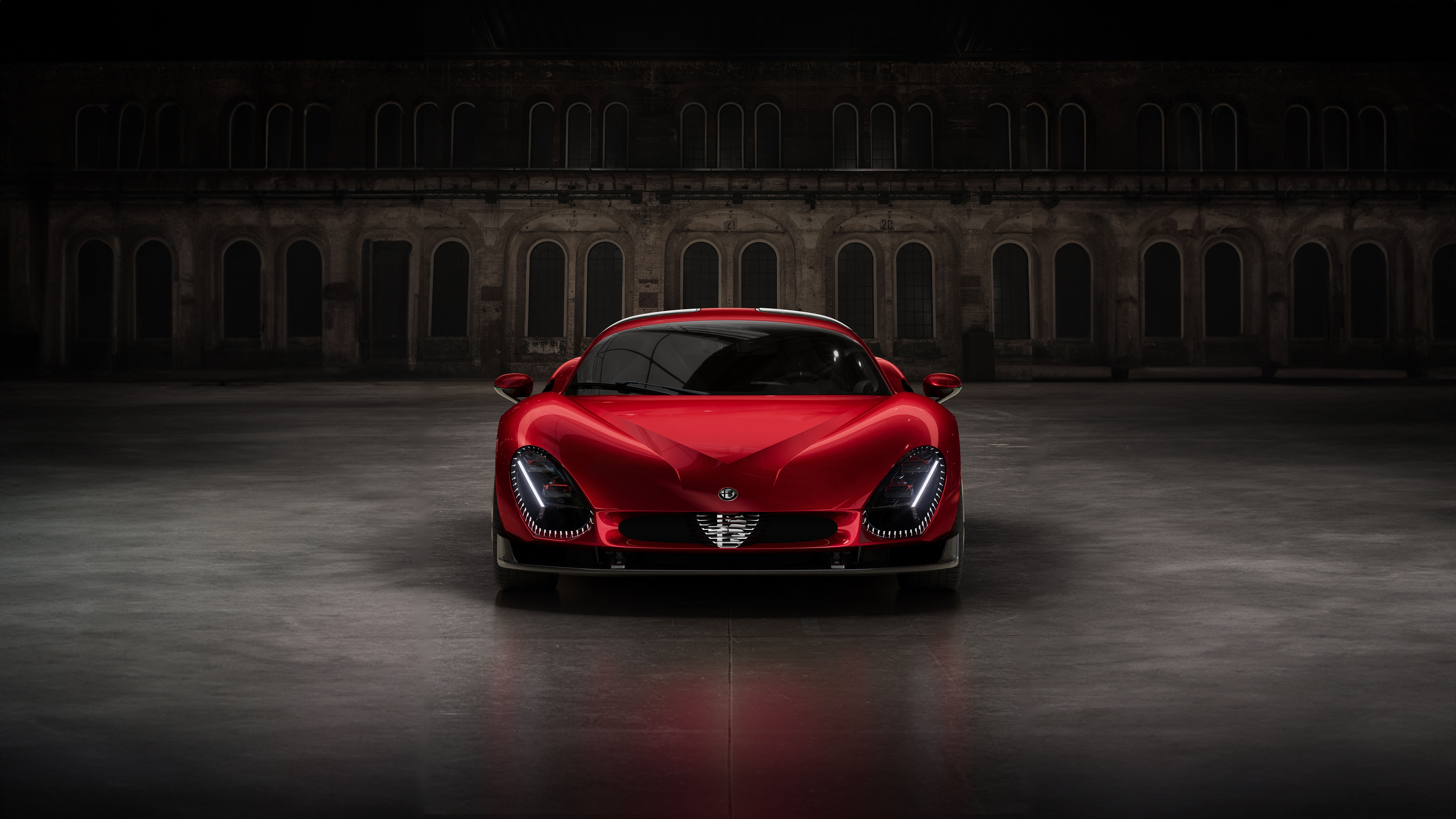 Red Alfa Romeo 33 Stradale in a dark hall HD Wallpaper