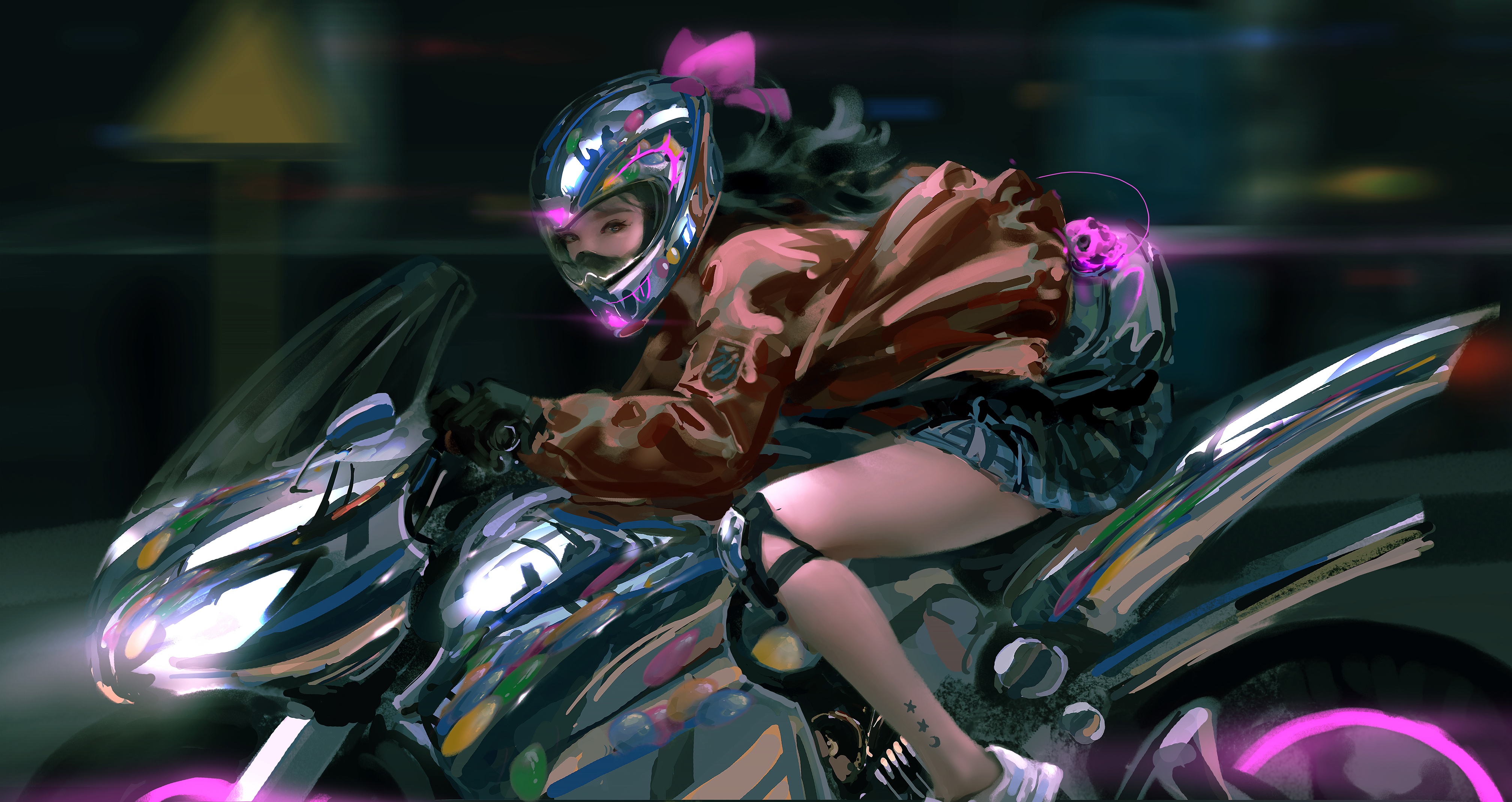 Girl in helmet riding a chrome motorcycle at night HD Wallpaper