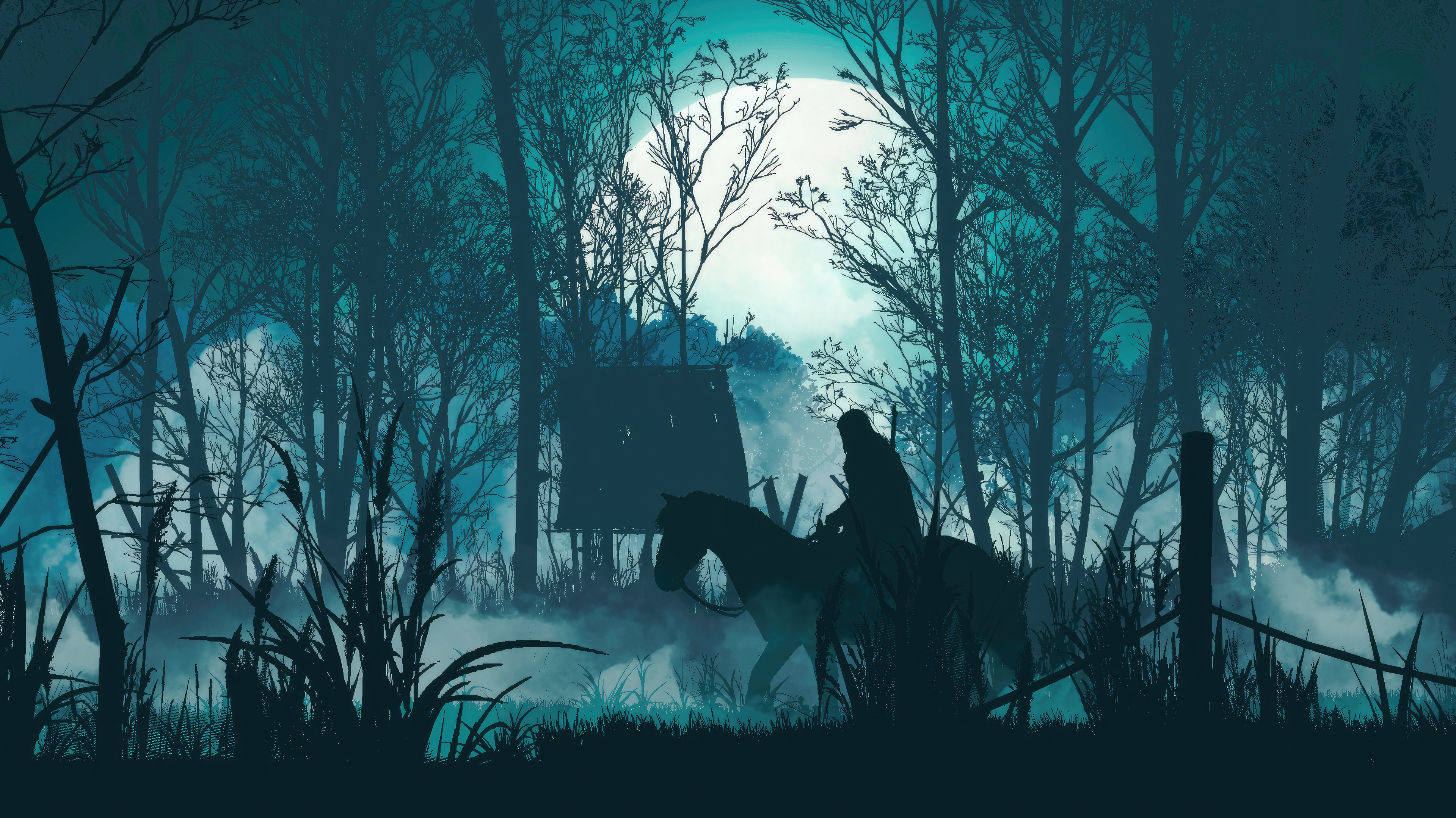 Geralt of Rivia riding a horse through a misty forest at night HD Wallpaper