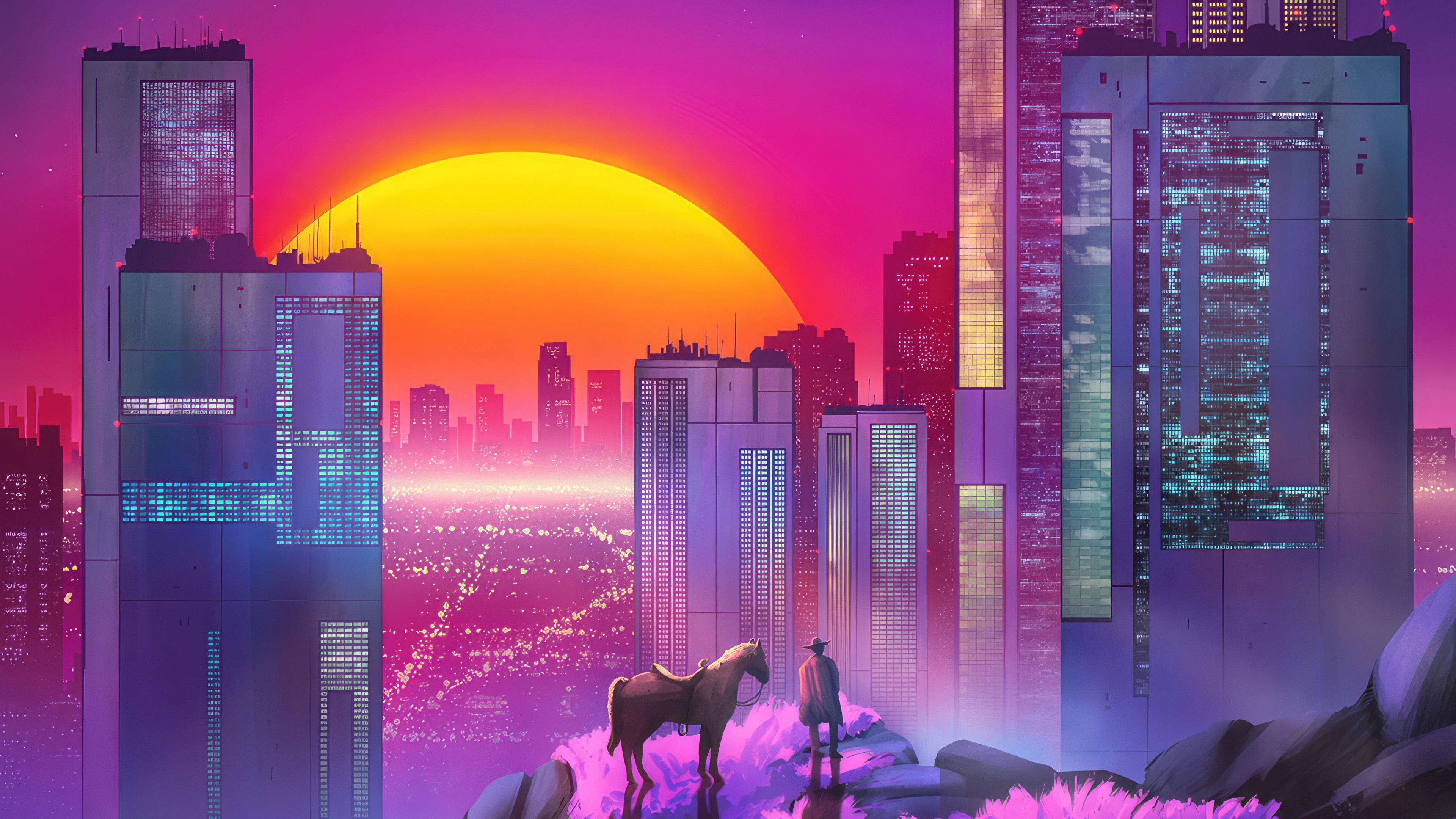 Retrowave Neon Cowboy Cityscape HD Wallpaper