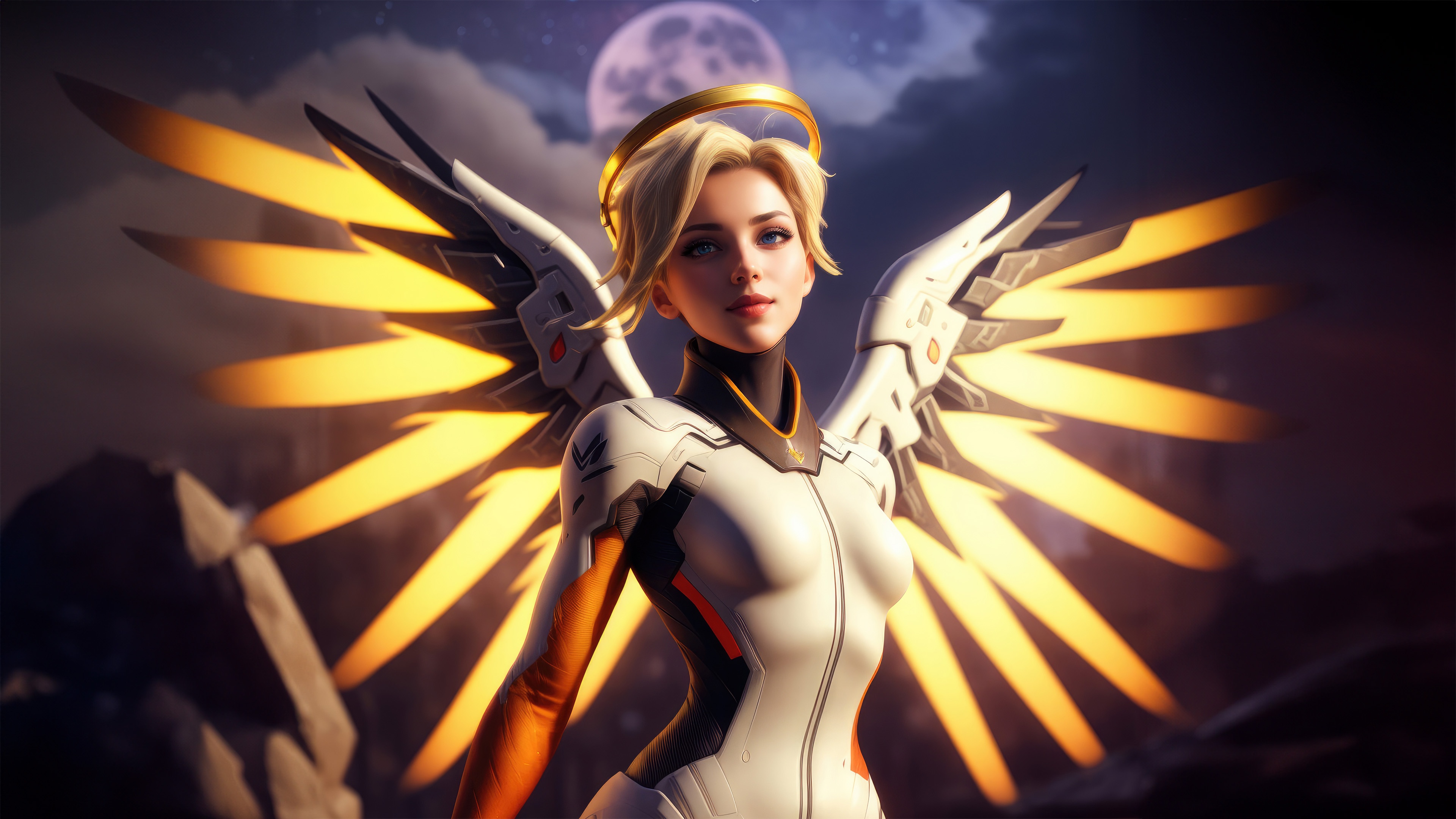 Mercy from Overwatch with glowing wings HD Wallpaper
