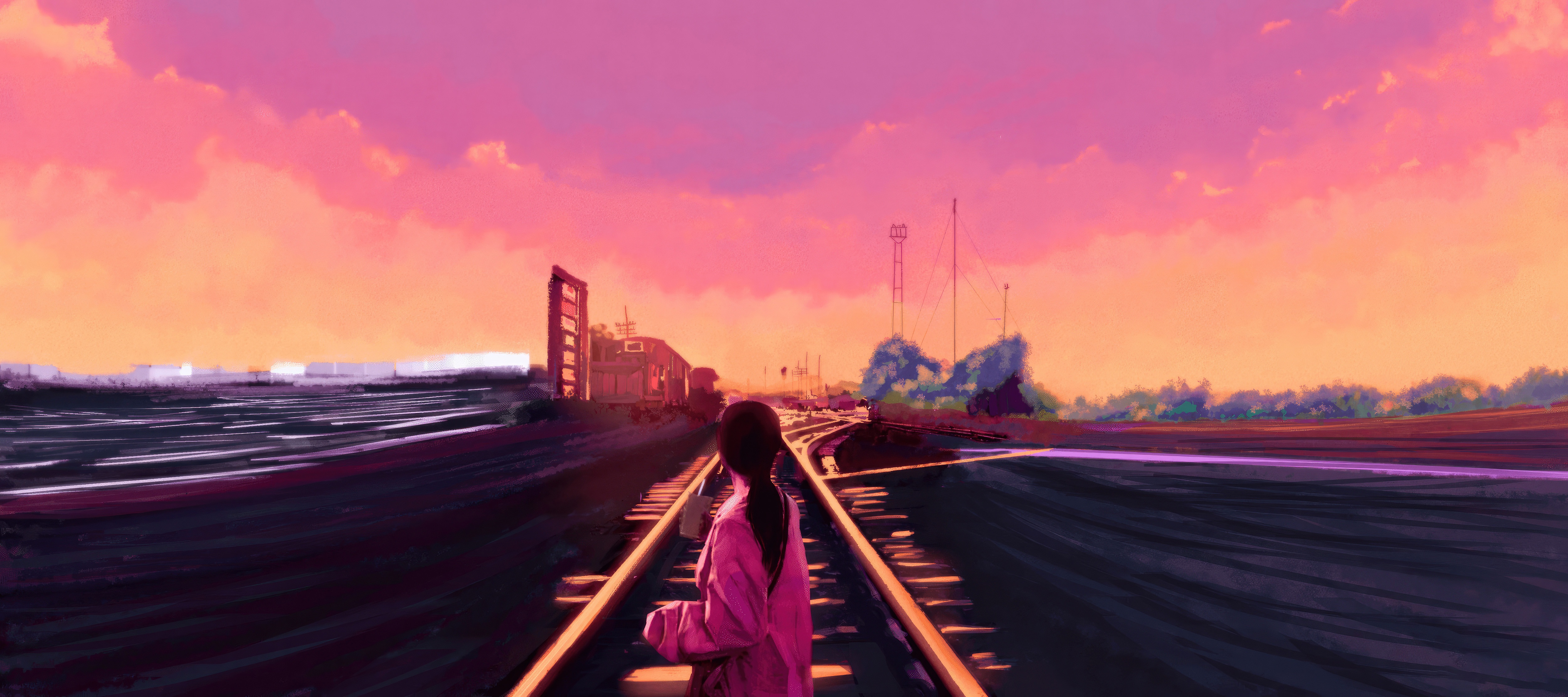 Anime girl on train tracks at sunset HD Wallpaper