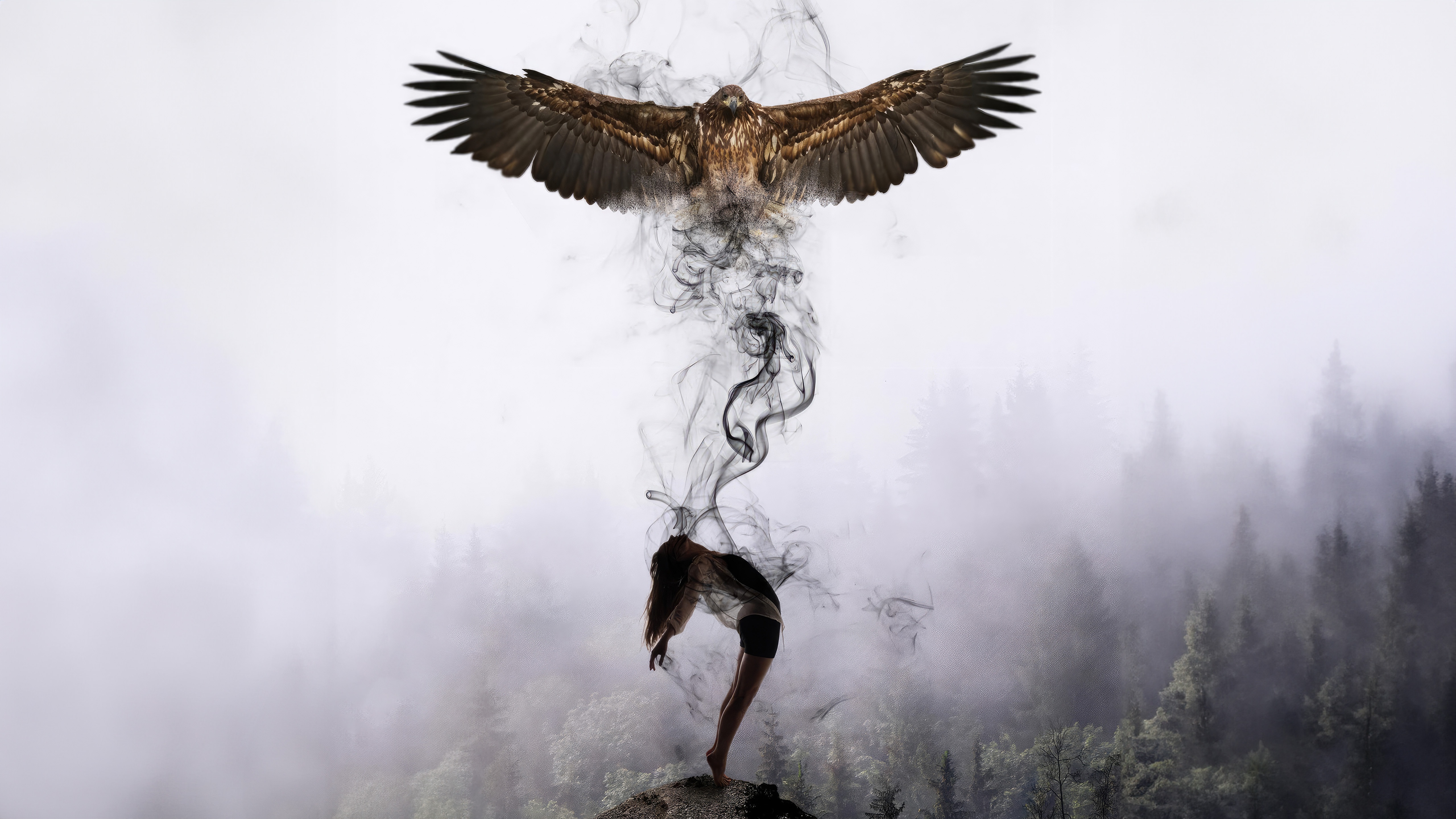 Eagle and a girl emerging from smoke in a forest HD Wallpaper