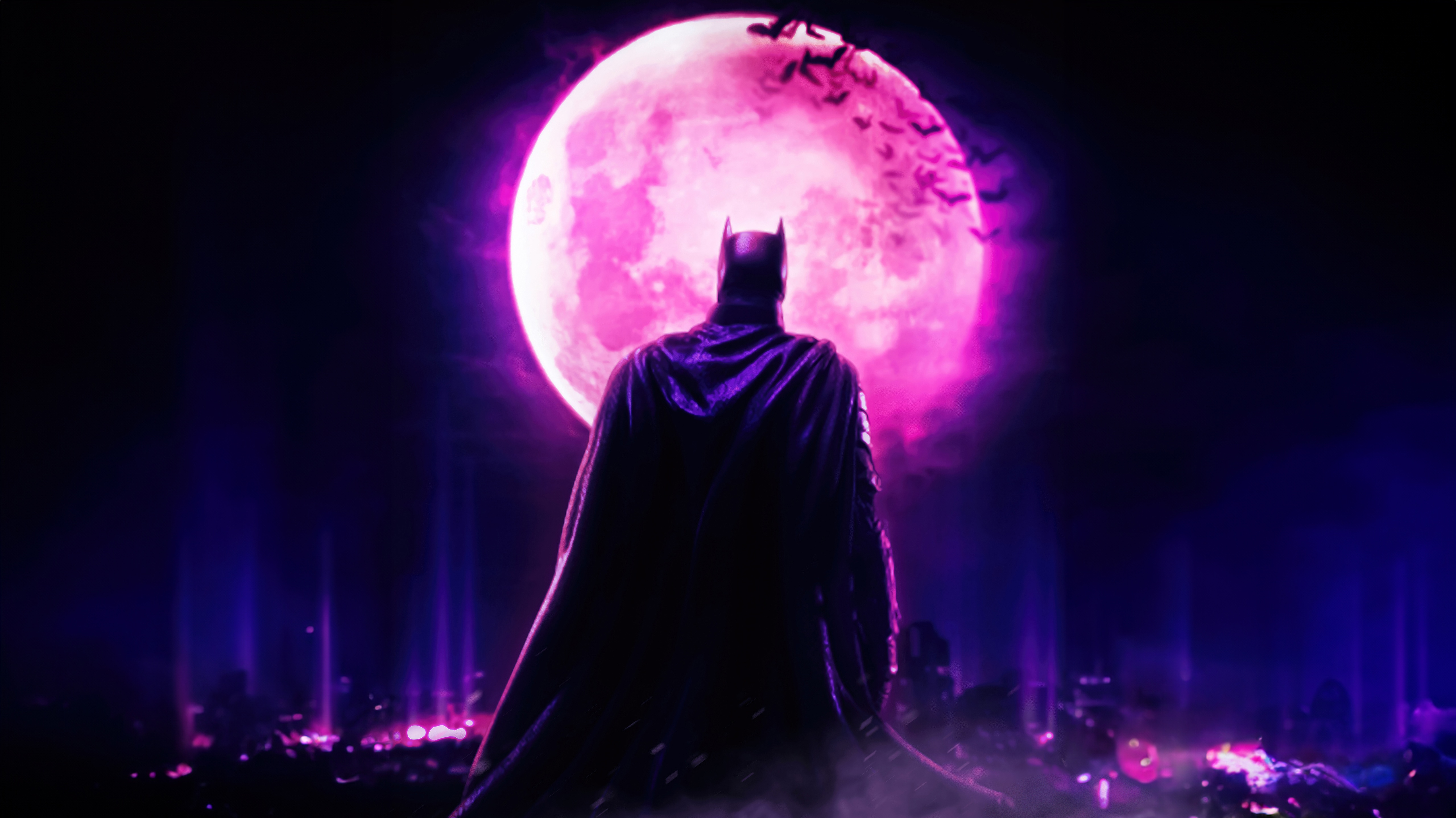 Batman in front of a pink moon with bats HD Wallpaper