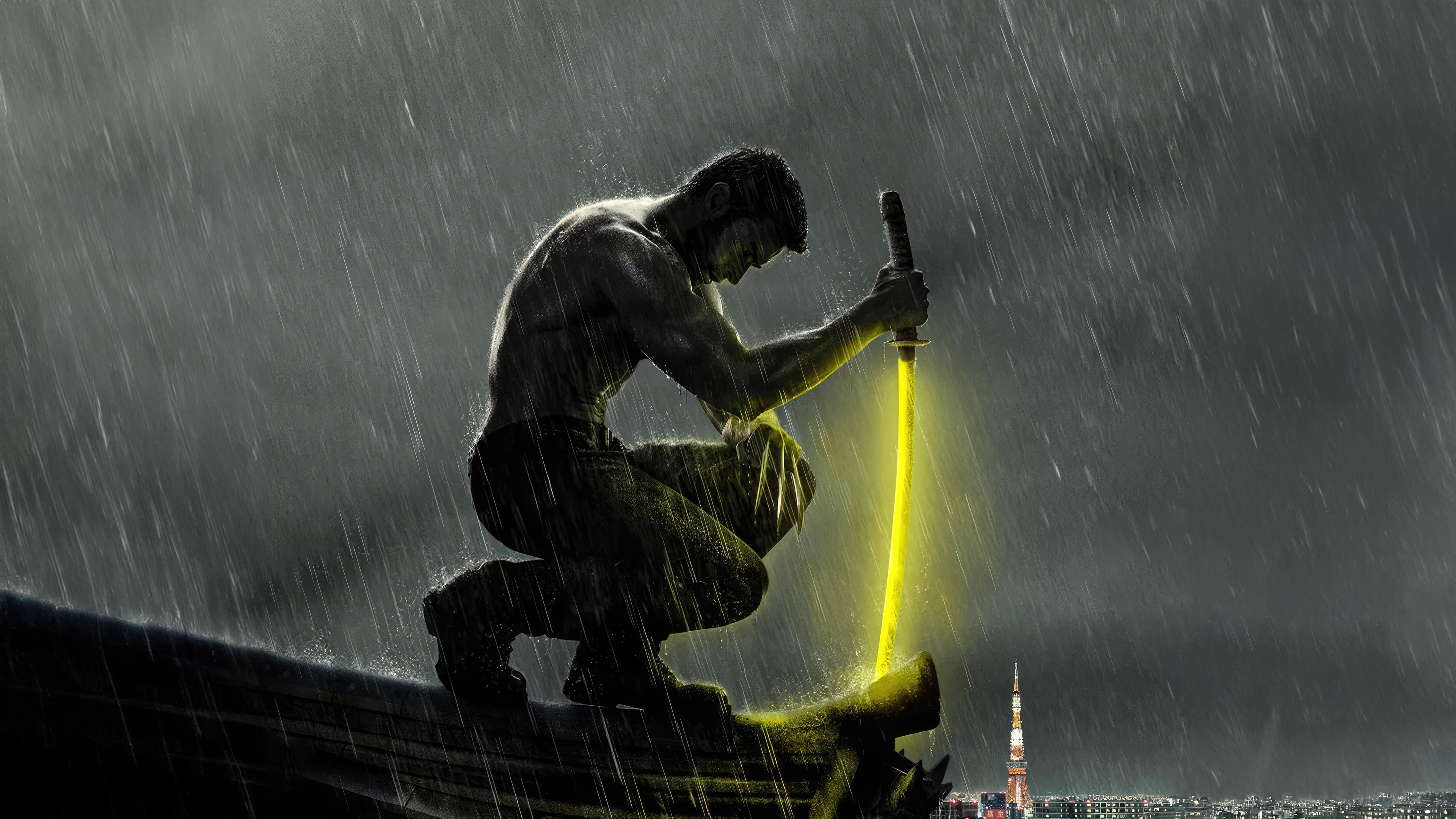 Wolverine Kneeling with Glowing Sword in Rain HD Wallpaper