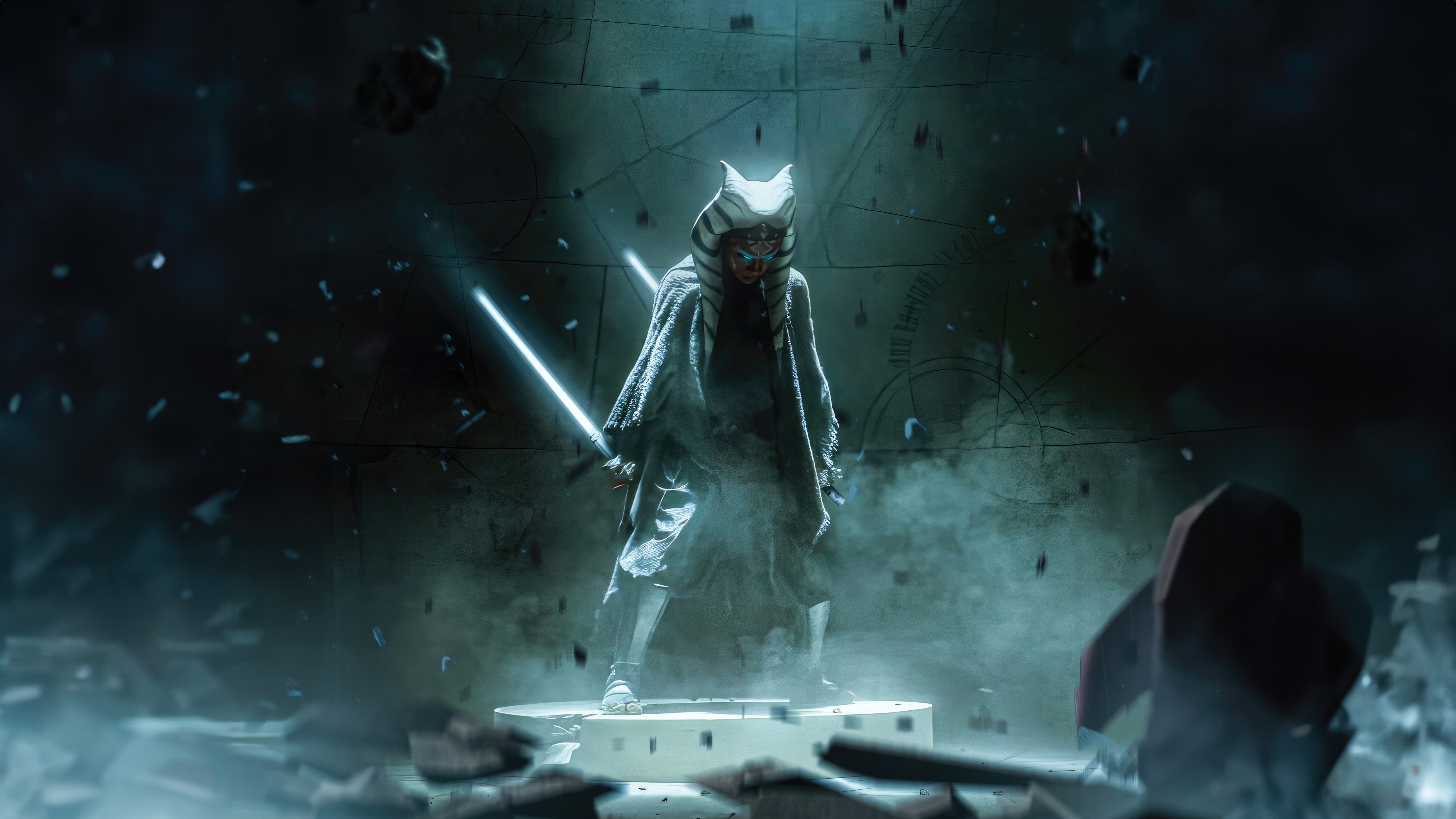 Ahsoka Tano with two lightsabers in a destroyed environment HD Wallpaper