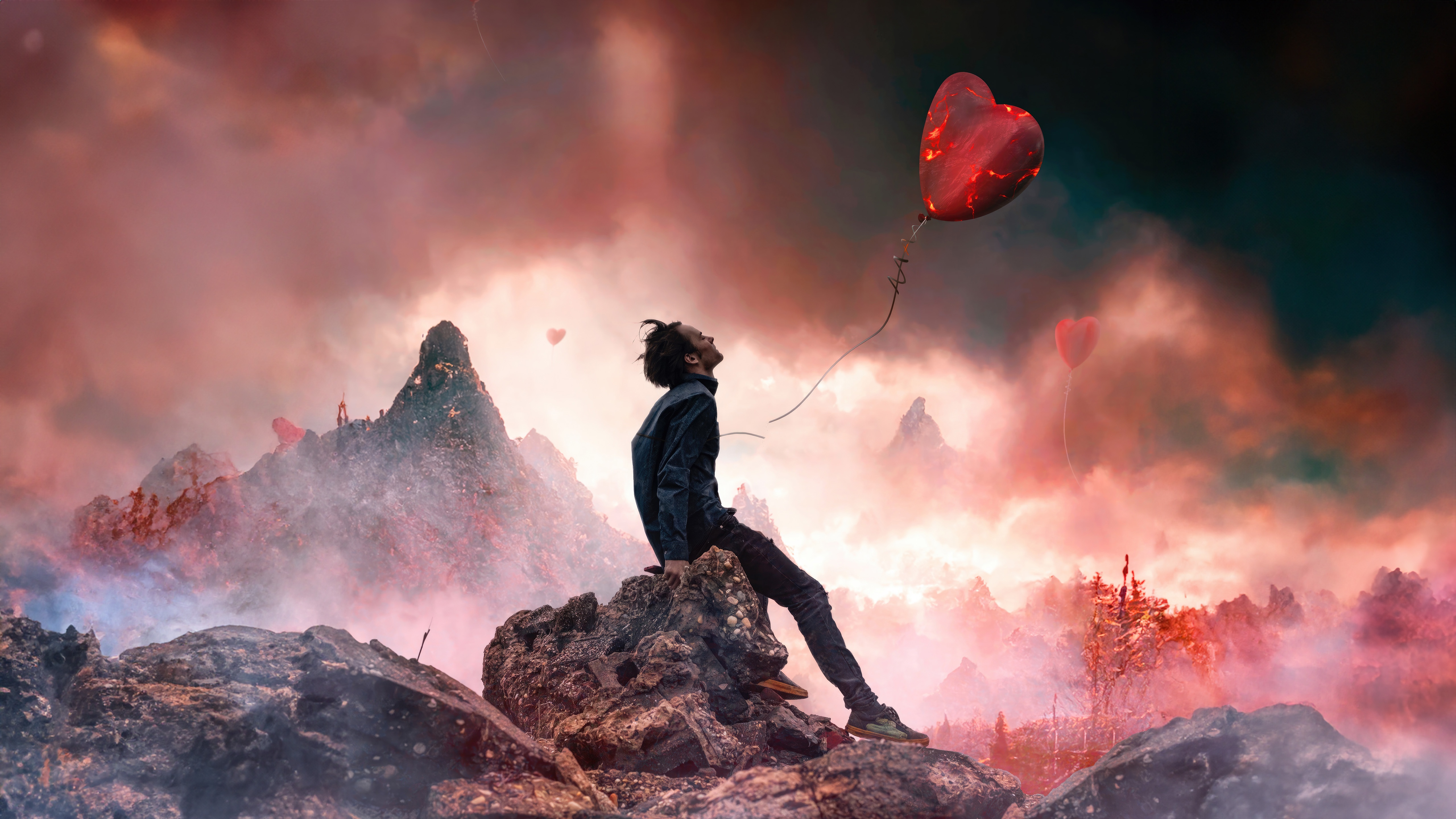 Man with Heart Balloon on Rocky Mountain HD Wallpaper