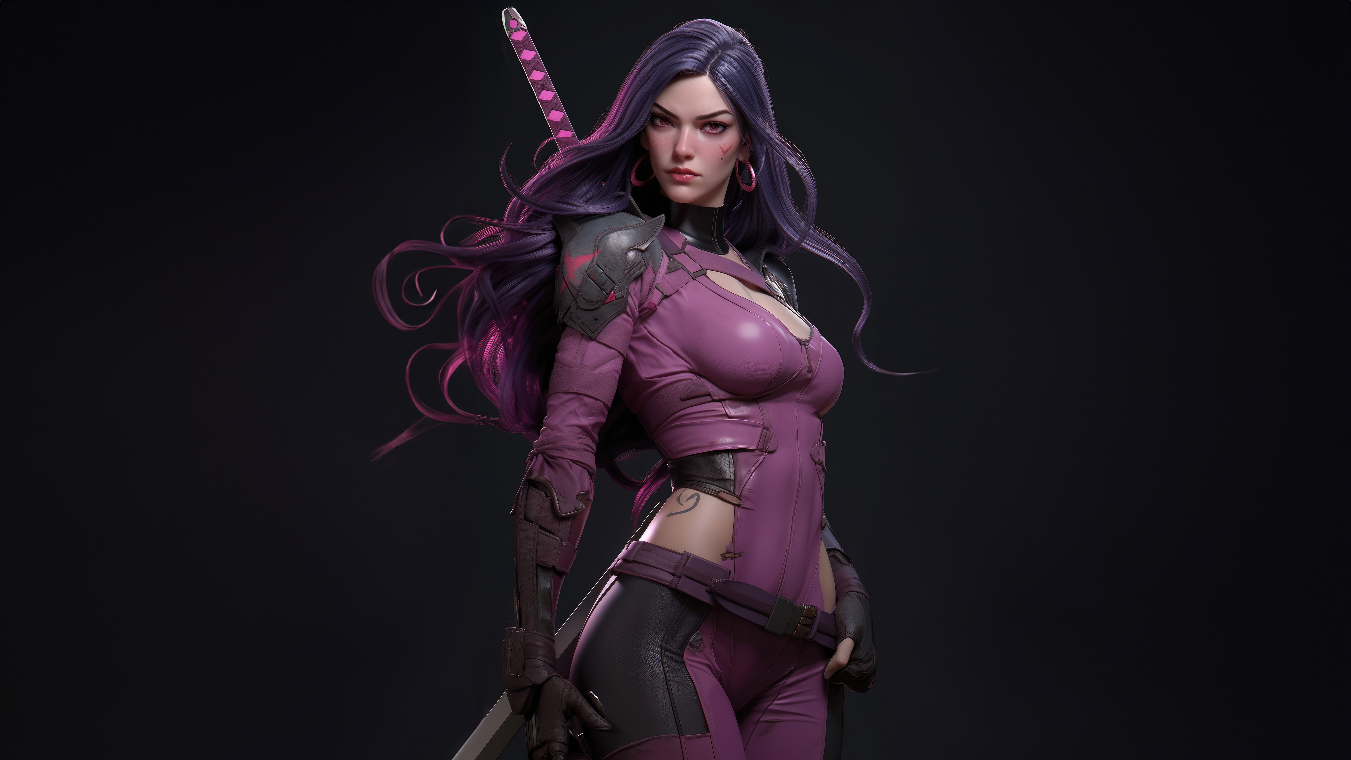 Psylocke with purple hair and sword HD Wallpaper
