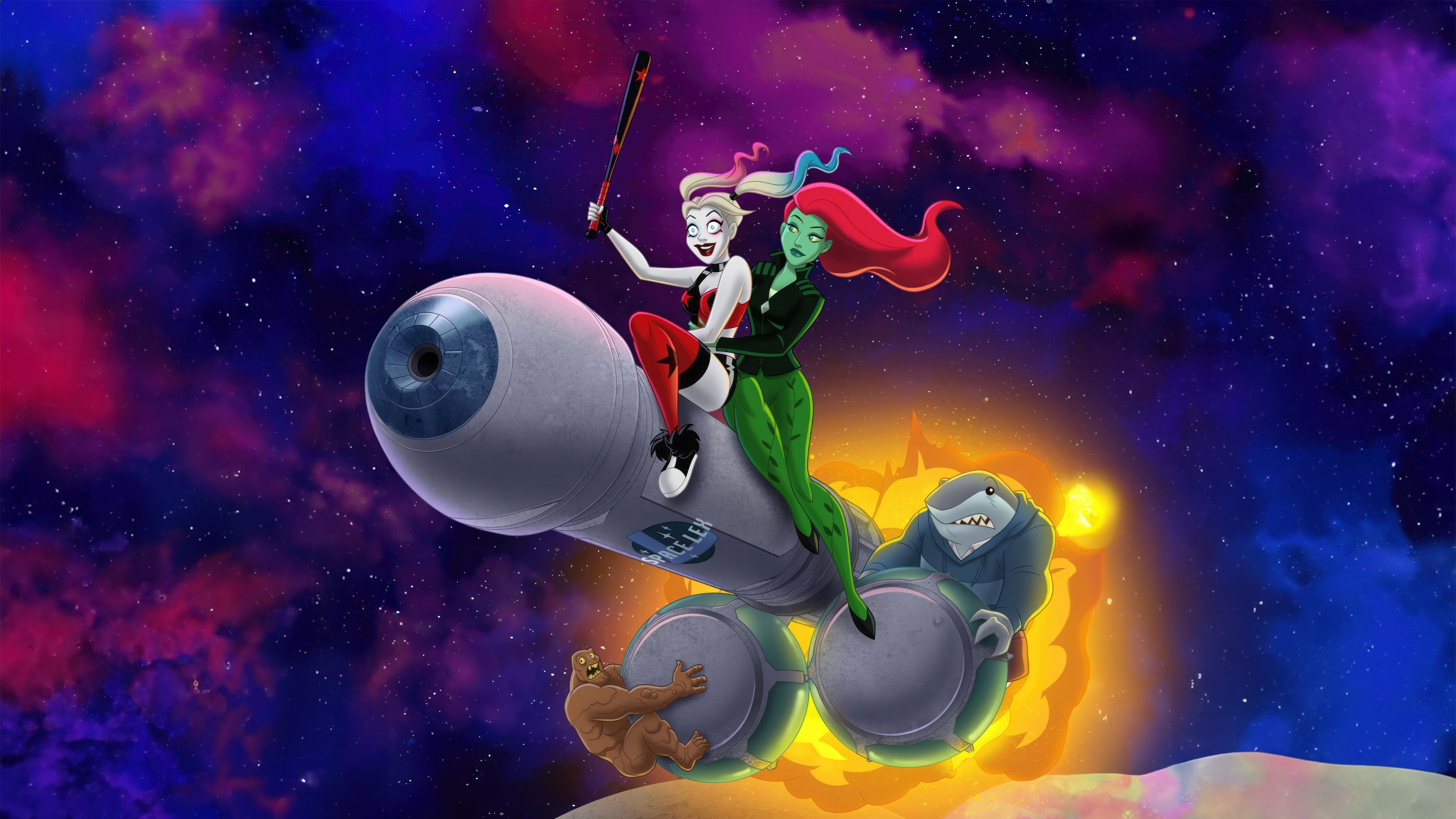 Harley Quinn and Poison Ivy riding a rocket in space HD Wallpaper