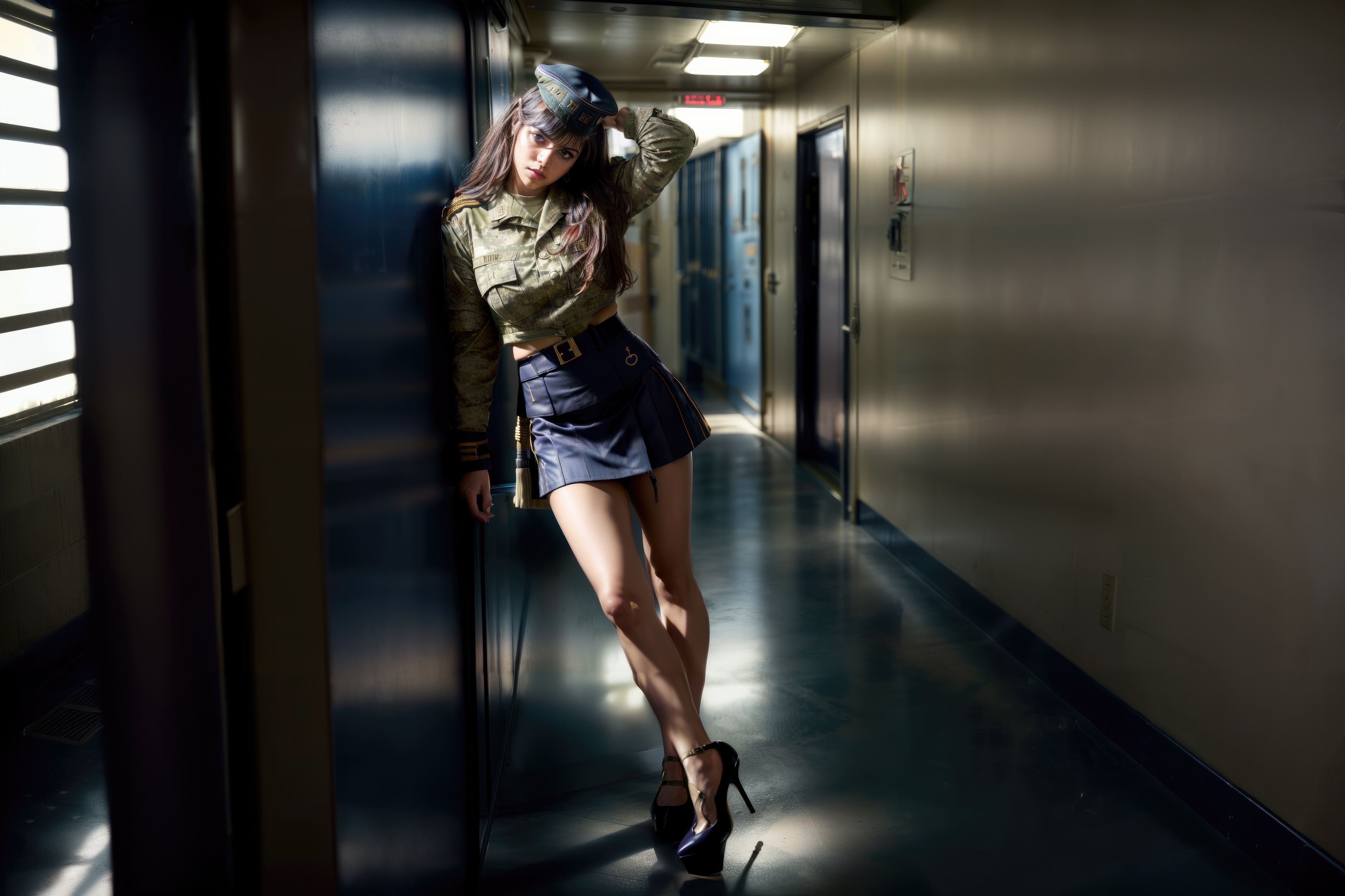 Woman in military-style outfit in a hallway HD Wallpaper