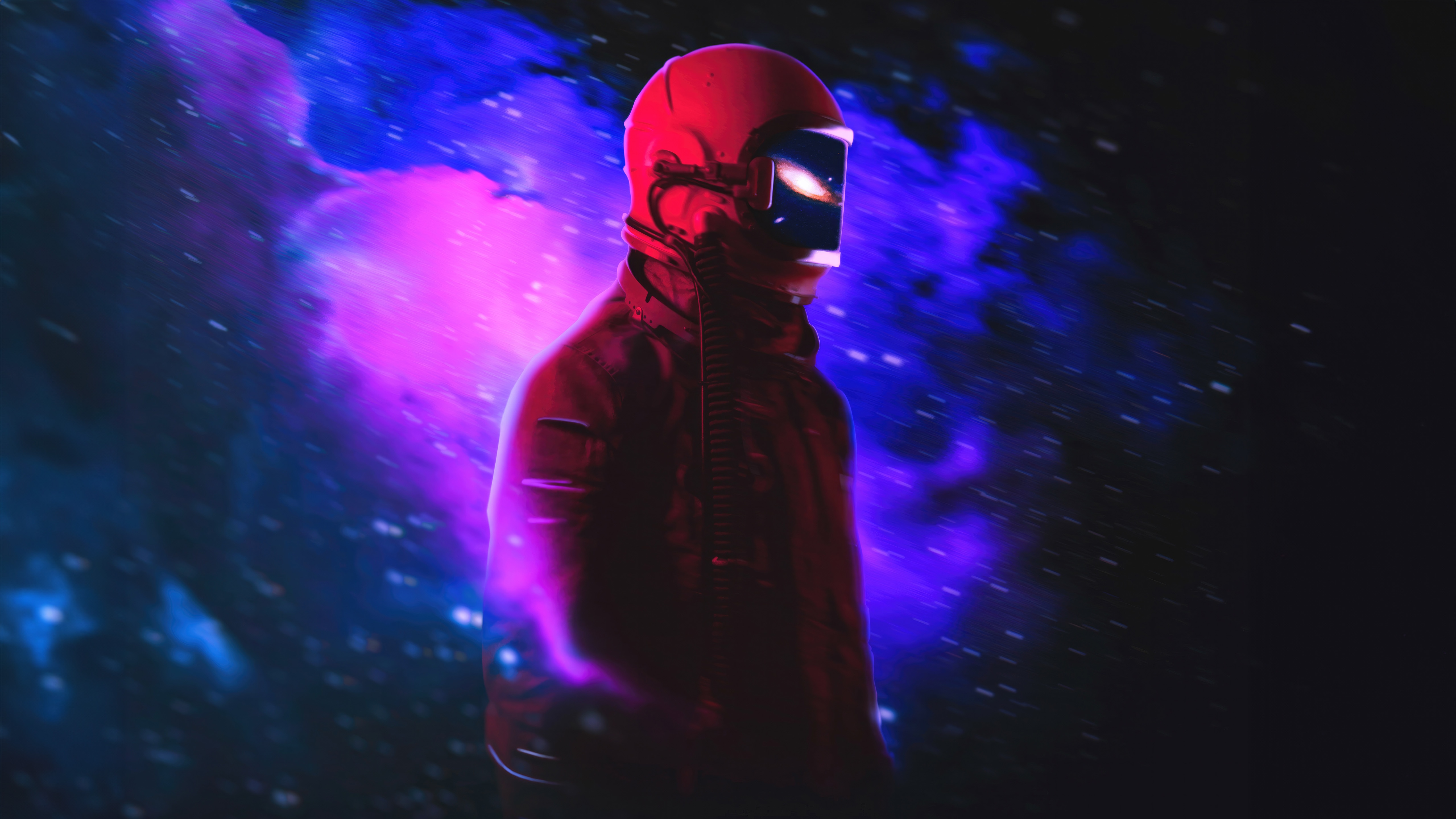 Astronaut in a red suit with a glowing visor HD Wallpaper