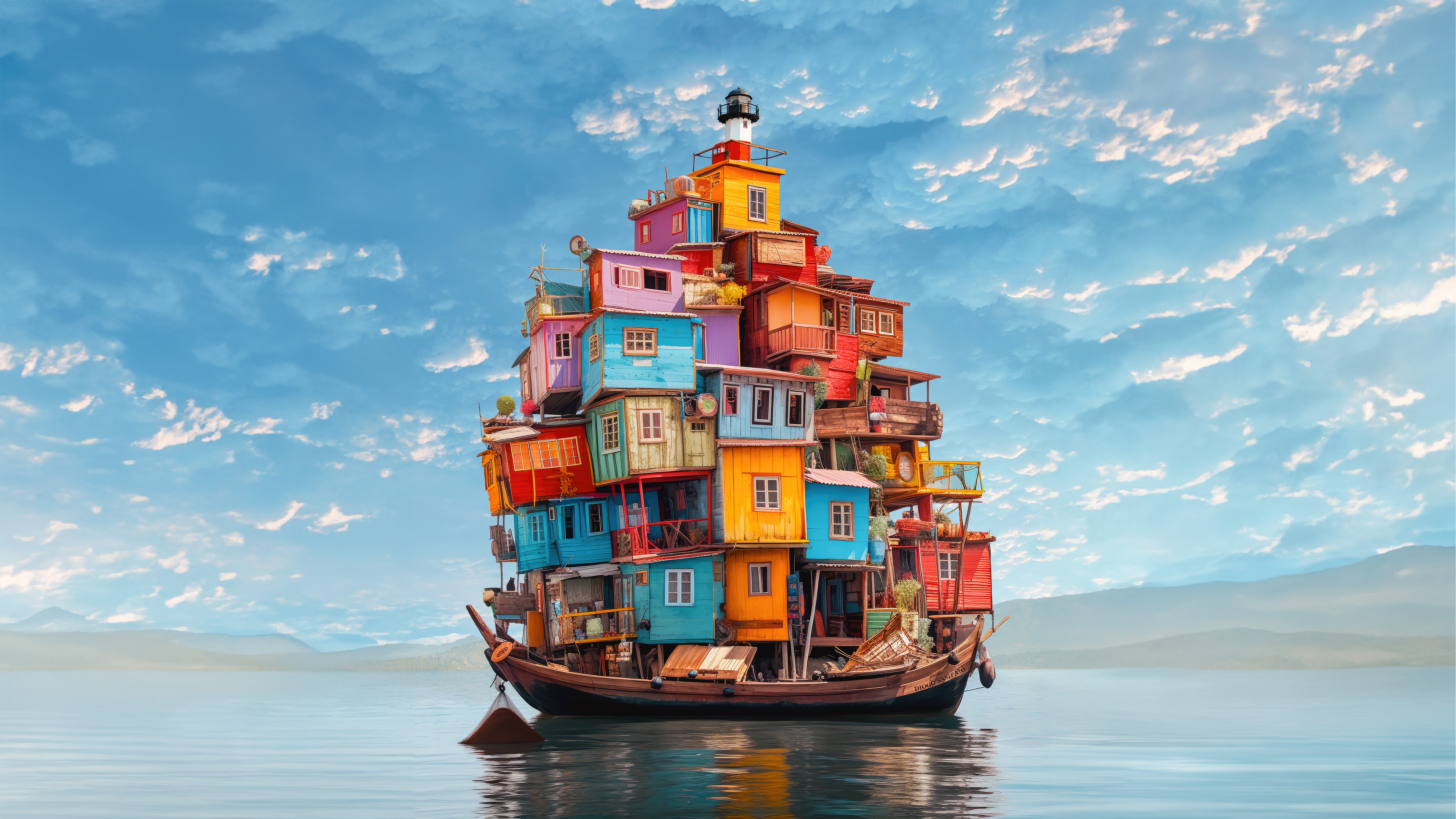 Colorful houses stacked on a boat HD Wallpaper