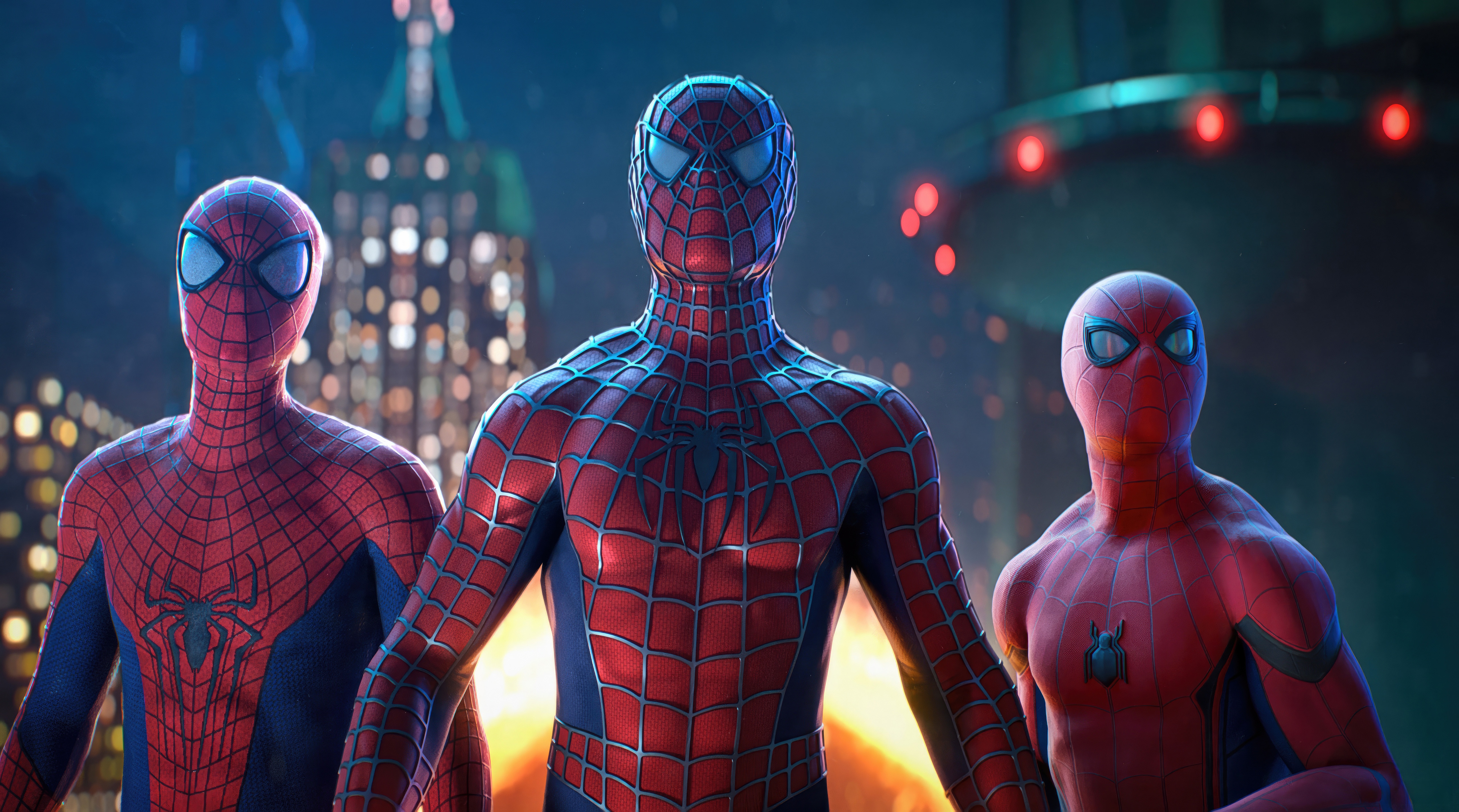 Three Spider-Men stand together in a city at night HD Wallpaper