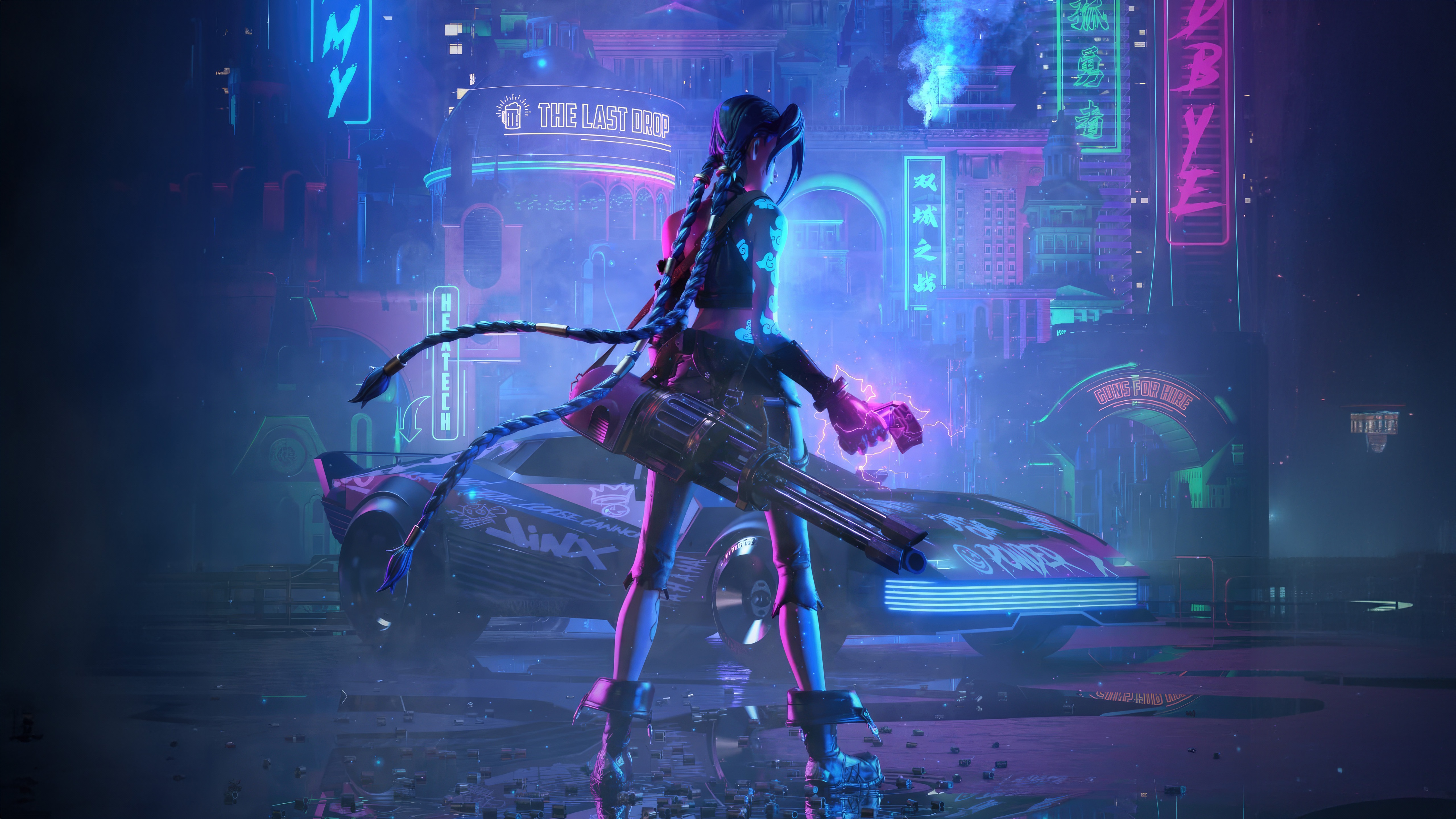 Jinx from Arcane in a neon city with a car HD Wallpaper