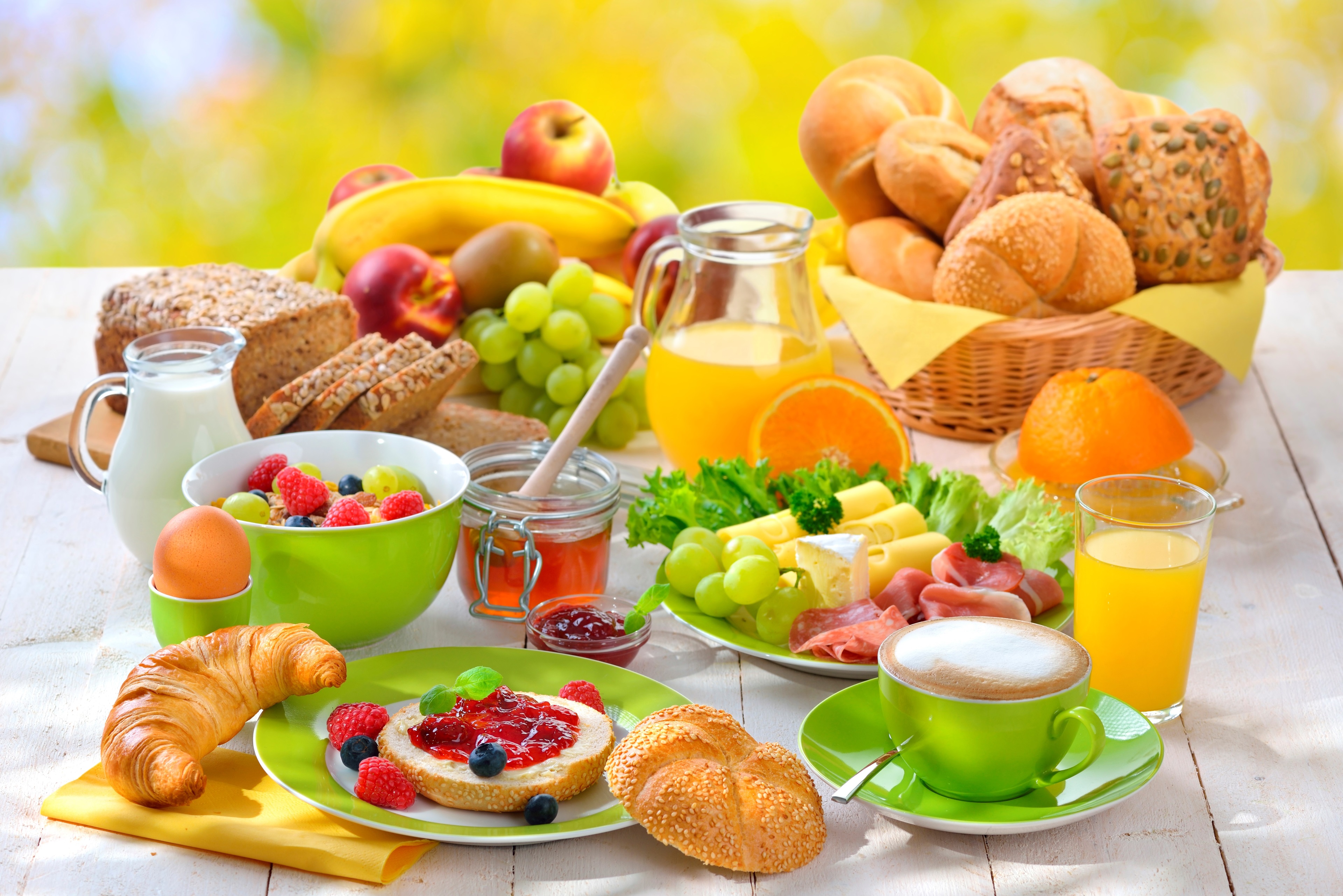 4K Breakfast Spread with Fruits, Breads, and Coffee HD Wallpaper