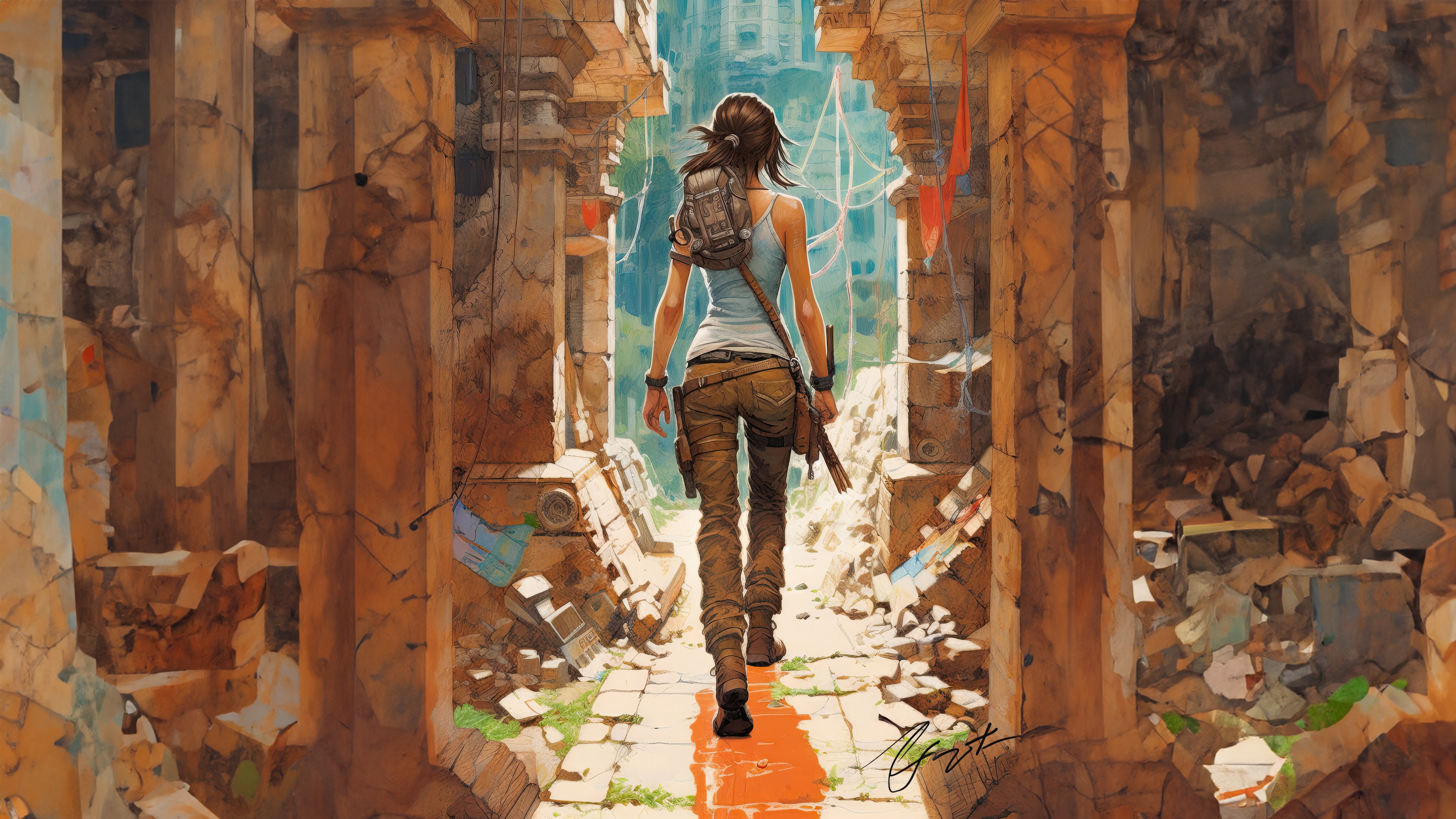 Lara Croft in Ancient Ruins HD Wallpaper