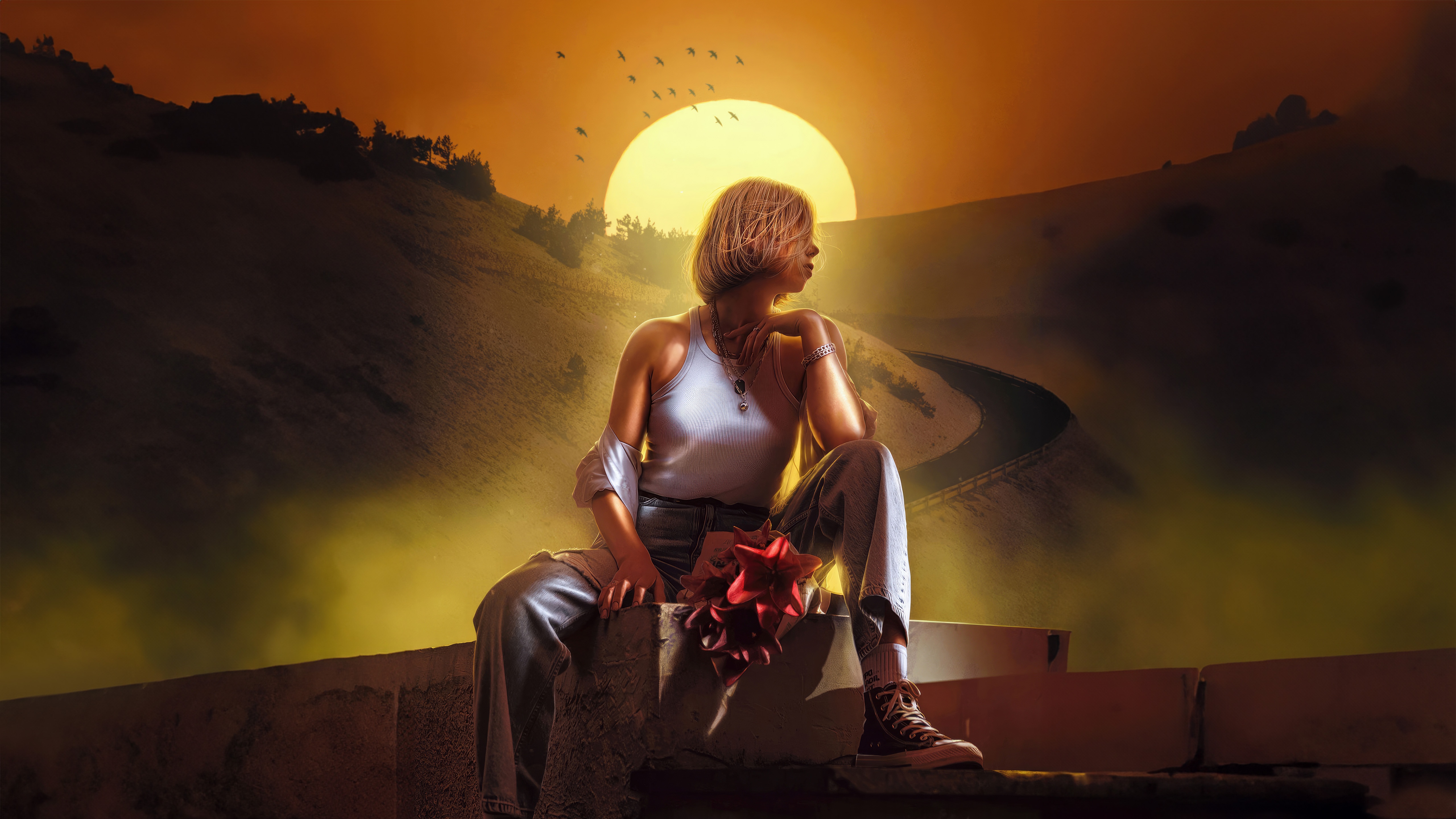 Girl with red flower at sunset HD Wallpaper