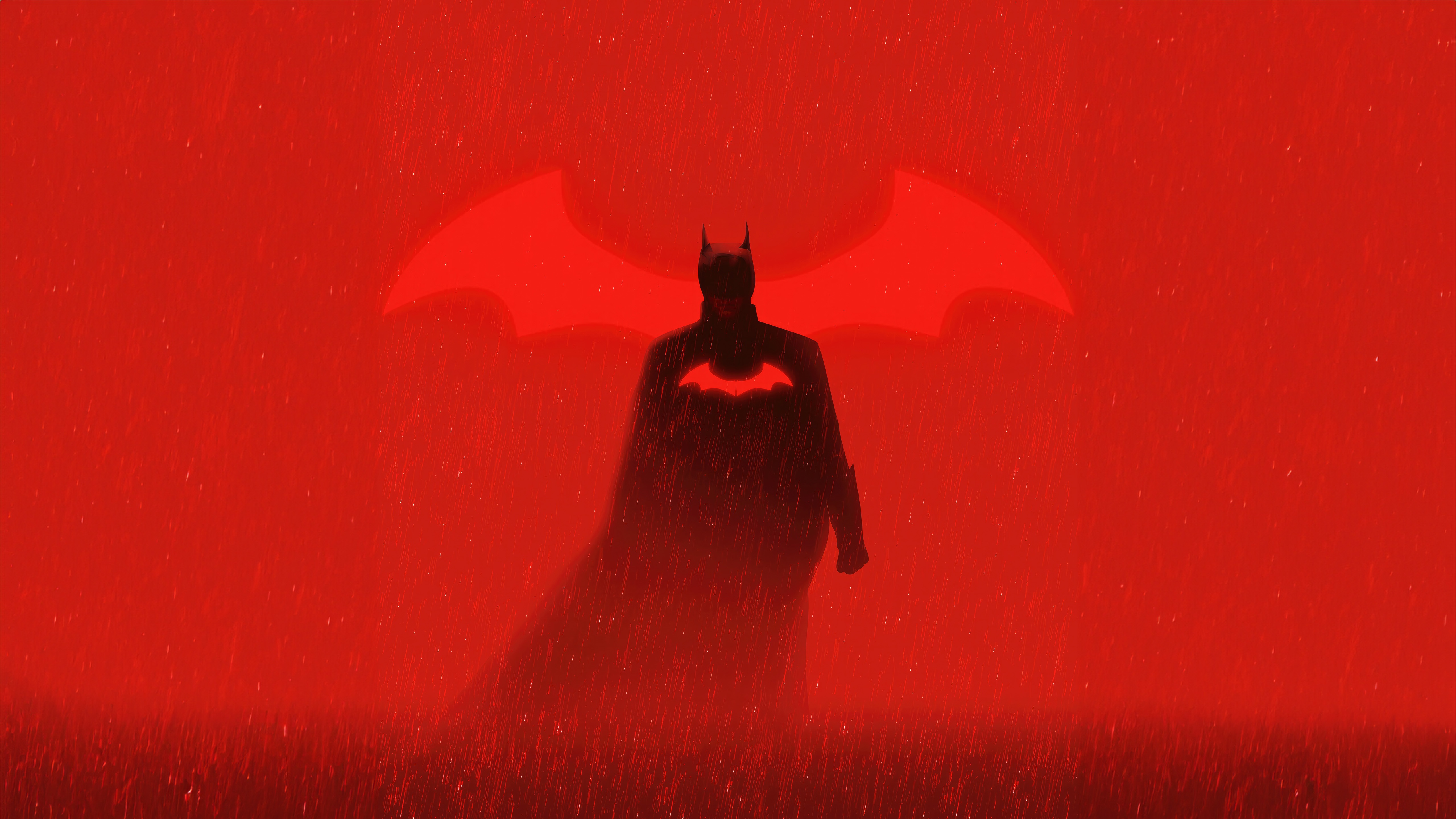 Batman Silhouette with Bat Symbol in Red Rain HD Wallpaper