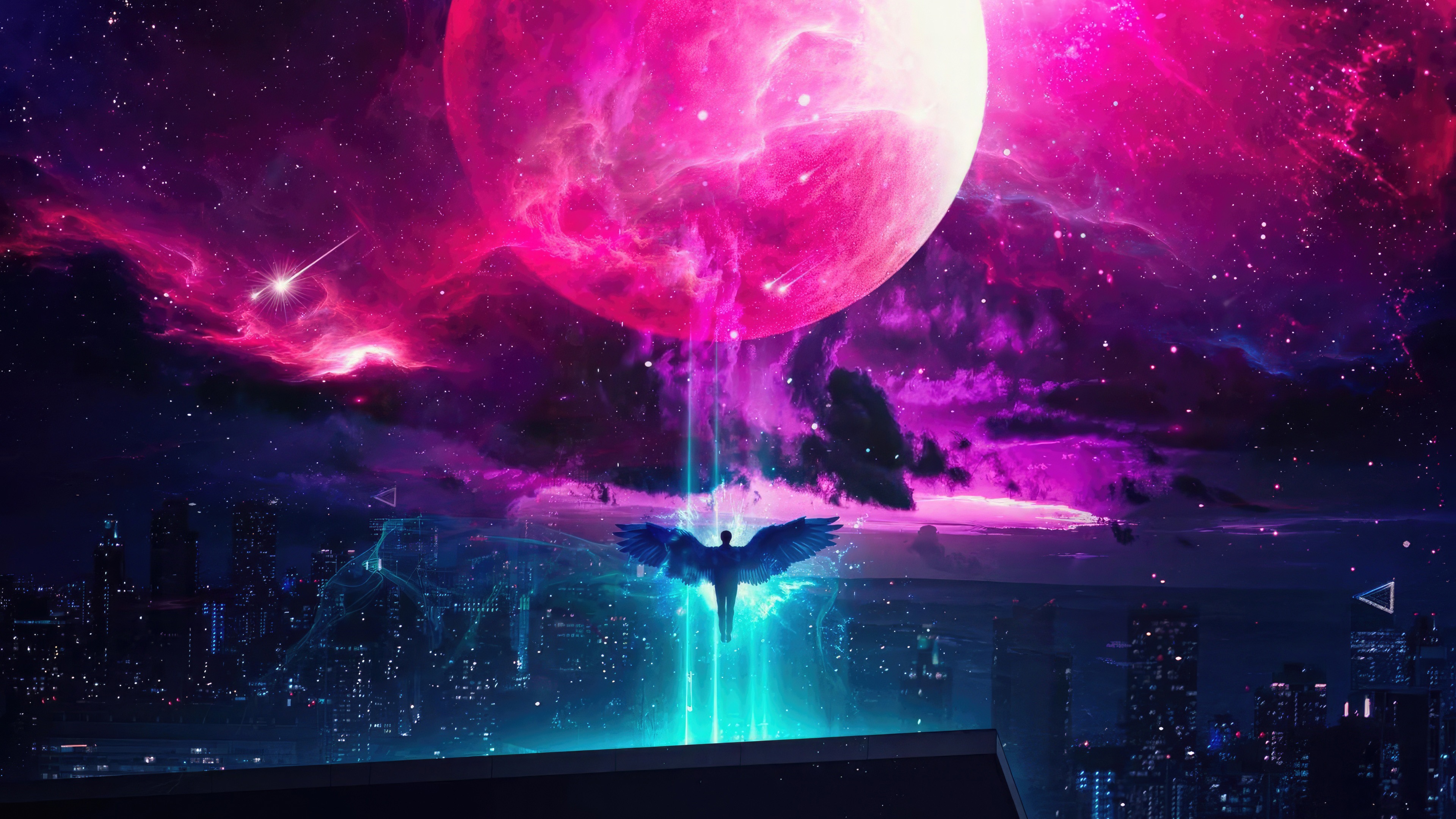 Man with wings in a neon city under a pink nebula HD Wallpaper