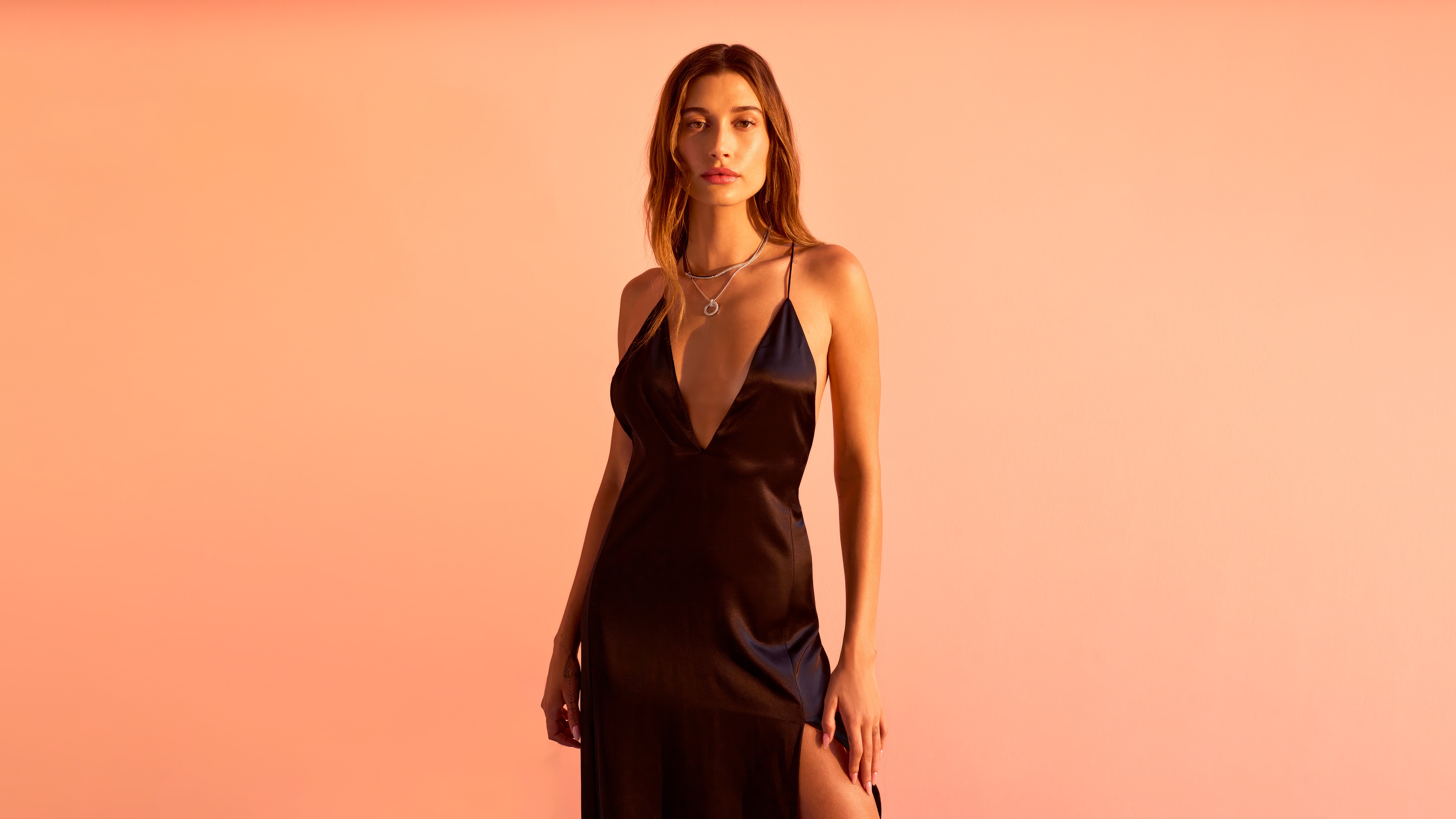Hailey Baldwin in a black slip dress for Harper's Bazaar HD Wallpaper