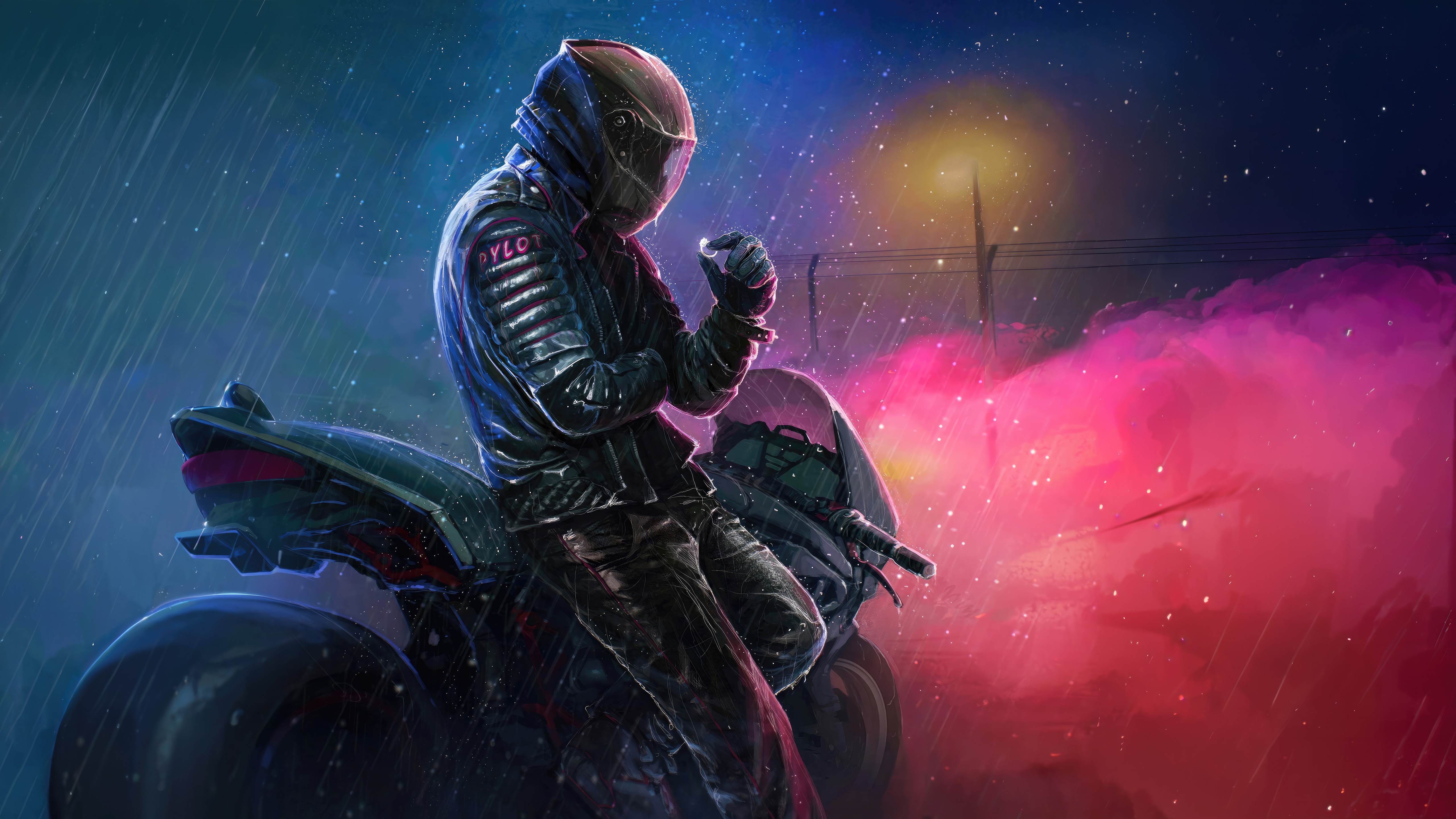 Biker Boy on a Motorcycle in the Rain HD Wallpaper