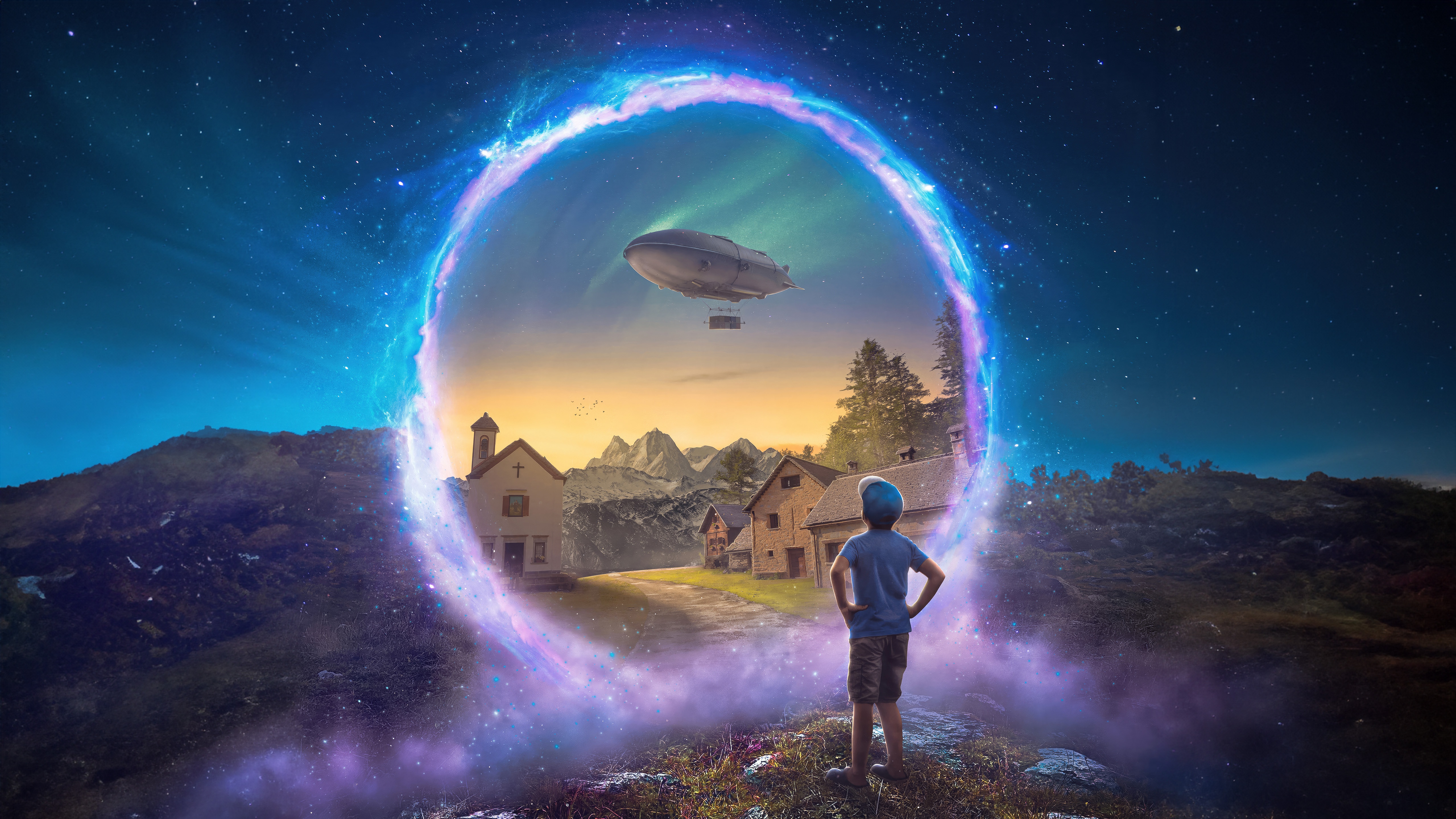 Boy Looks at a Dream Gateway with a Blimp HD Wallpaper