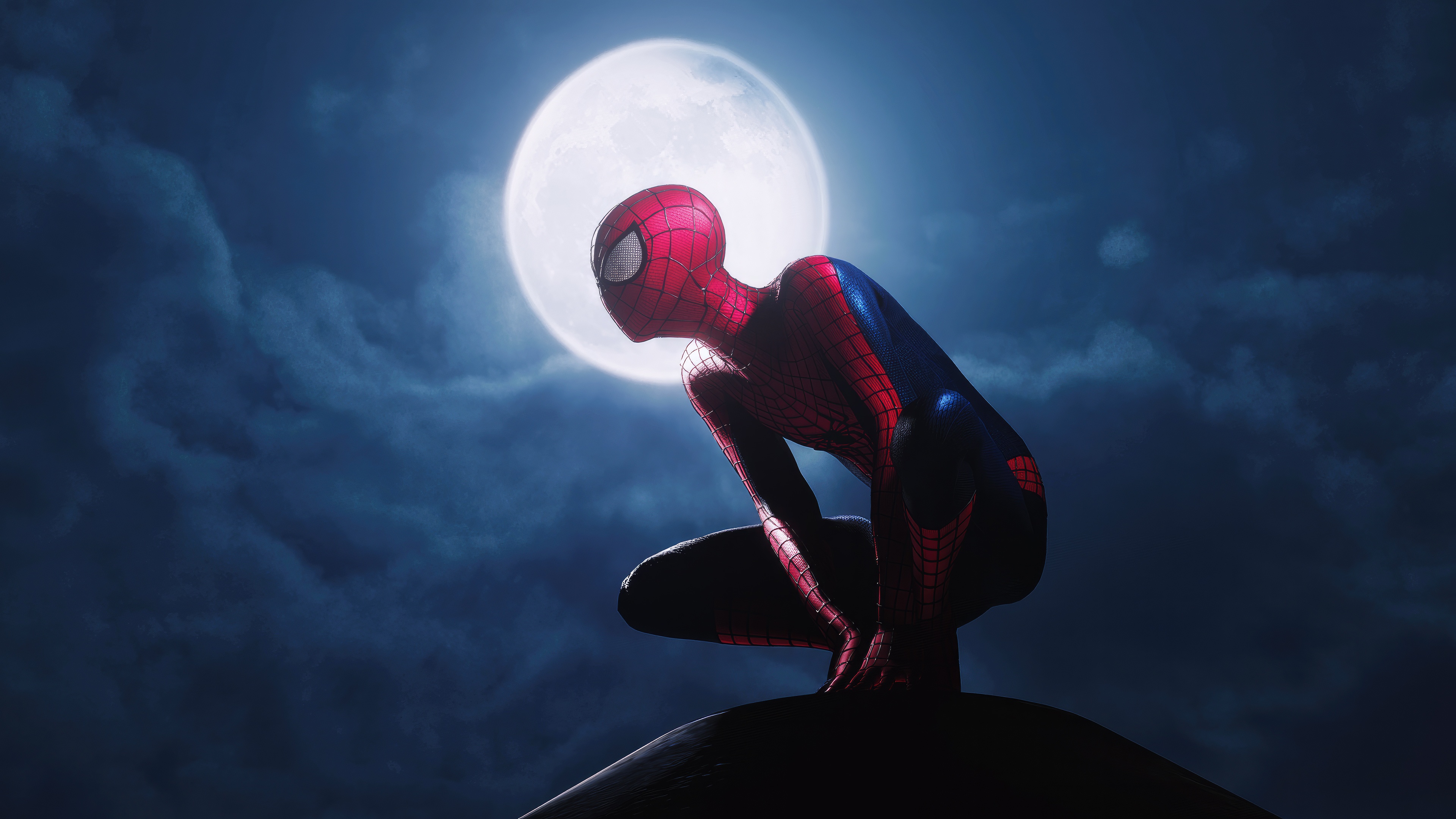 Spider-Man Crouching Under the Moon HD Wallpaper